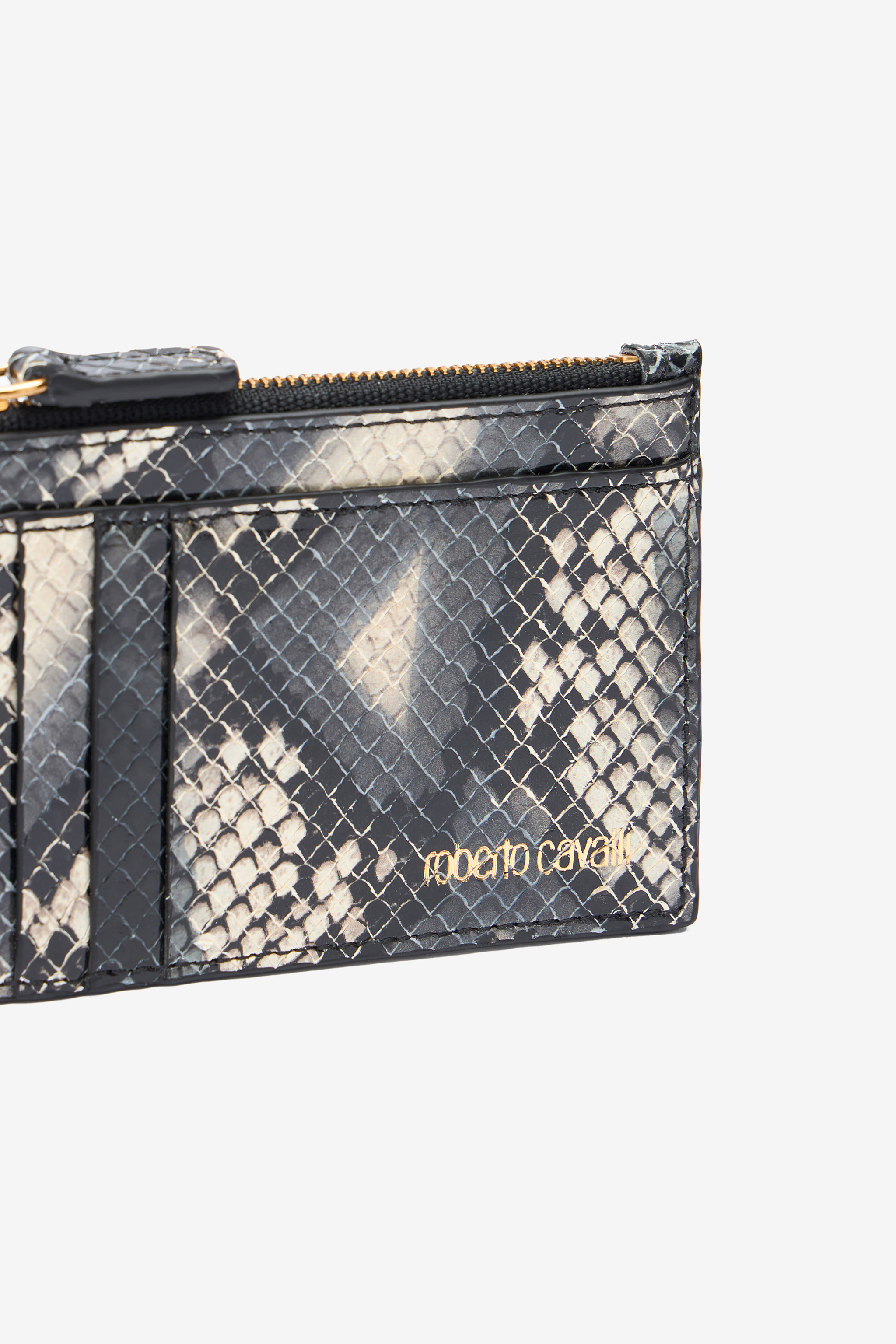 Roberto Cavalli Printed Leather Cardholder With Zip In Black/white