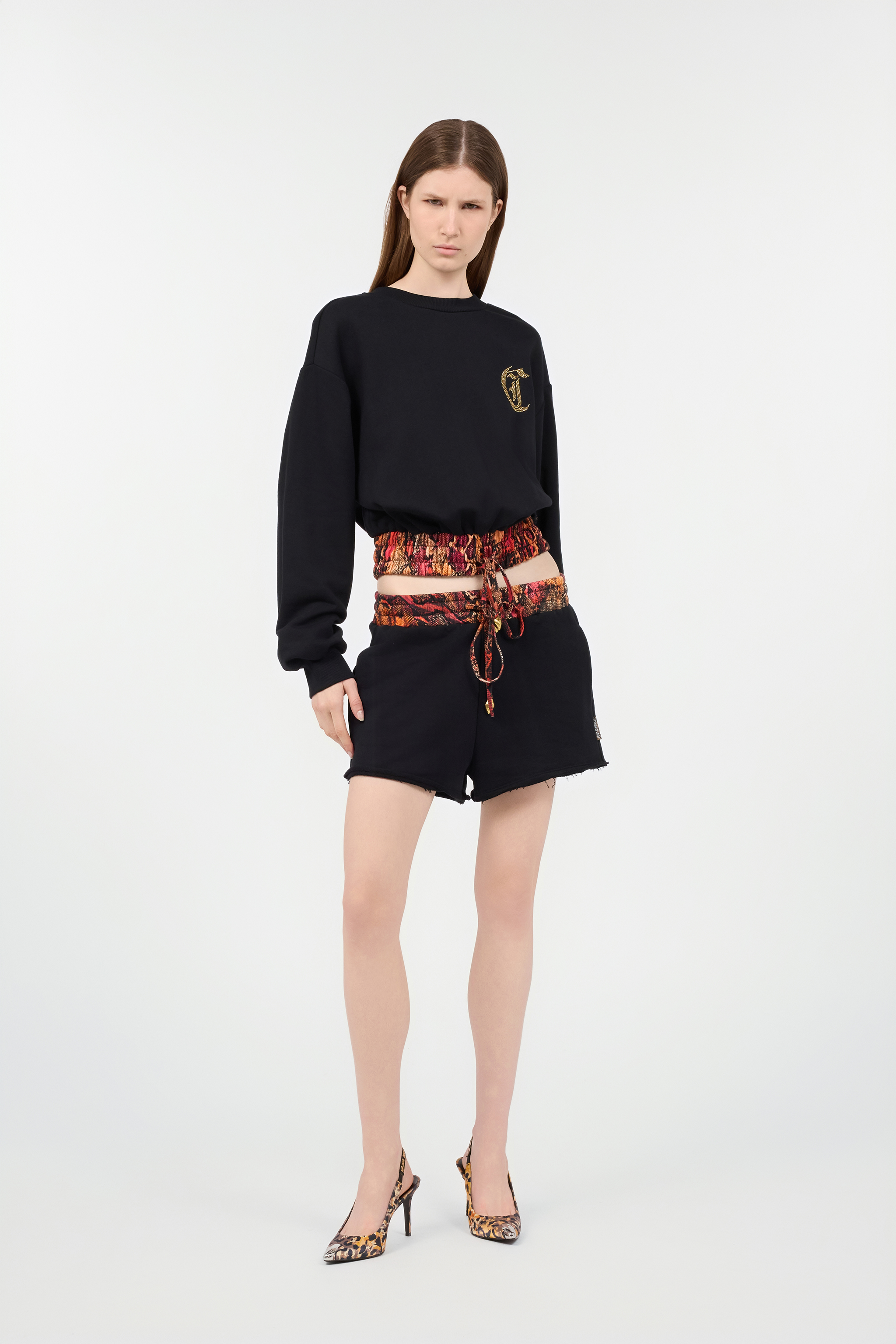 Roberto Cavalli Sporty Shorts With Python Print At Waist In 899 Black + 576 Embe
