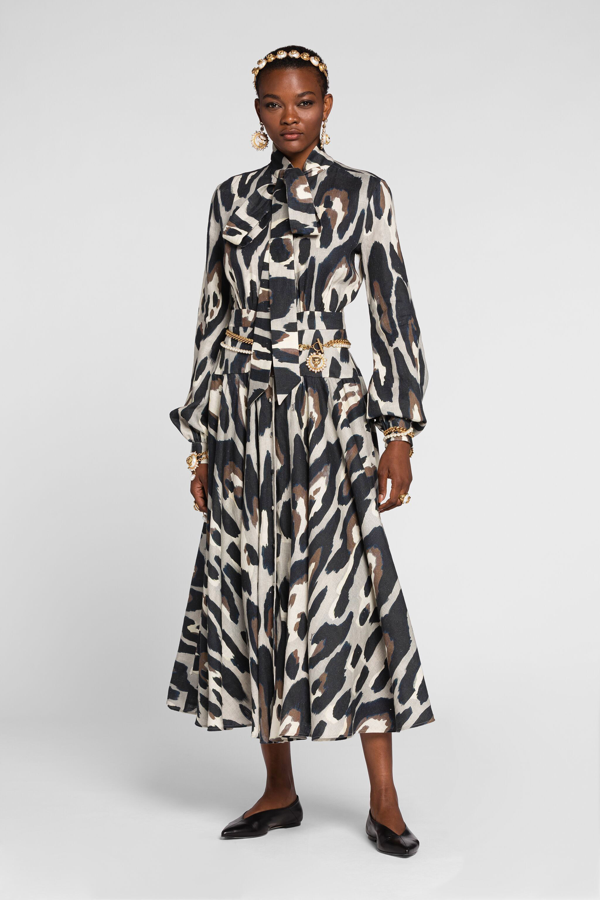 Roberto Cavalli Animal-print Linen Midi Dress In Gray
