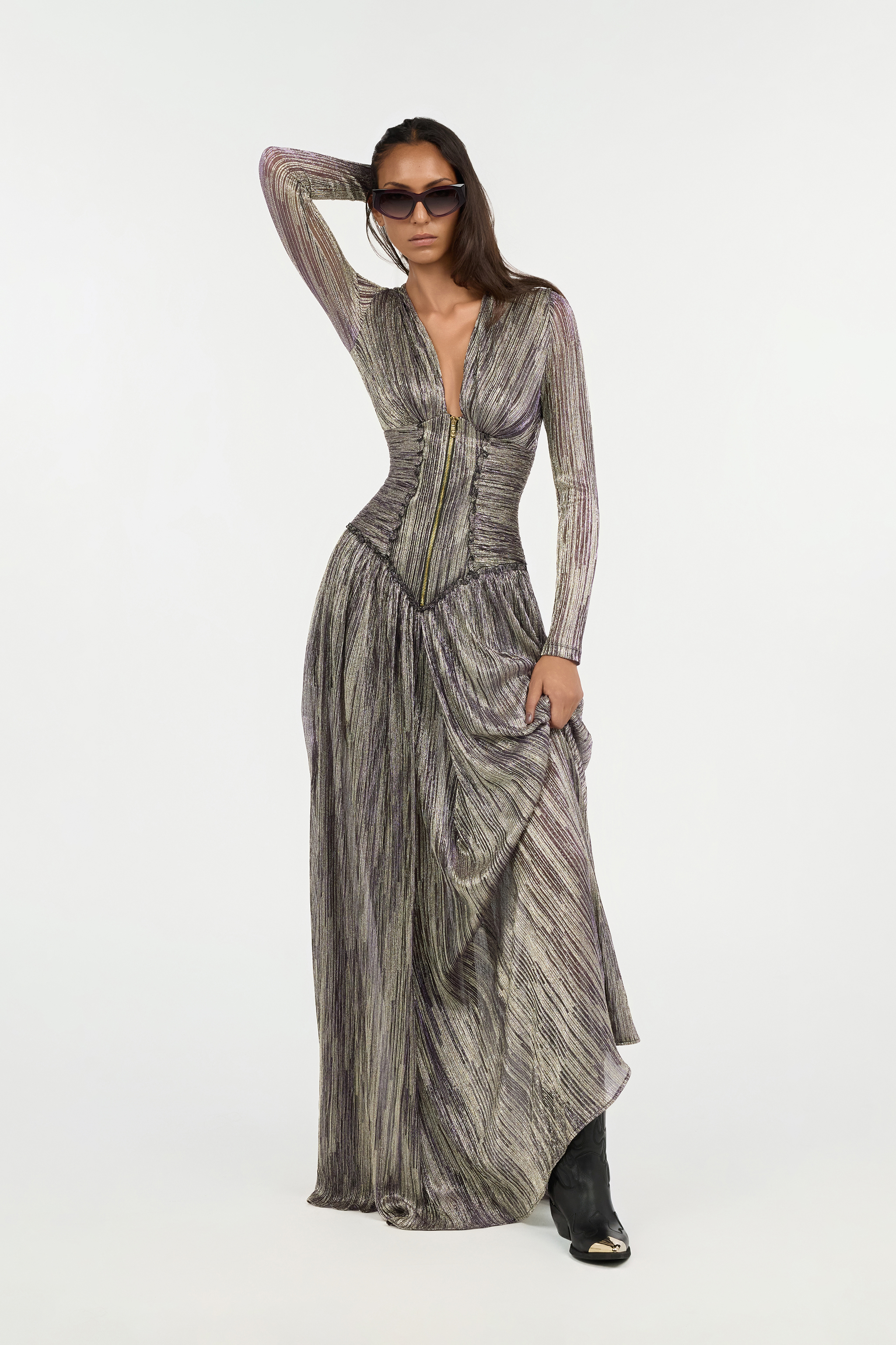 Roberto Cavalli Multicolor Lurex Corset Maxi Dress In Black