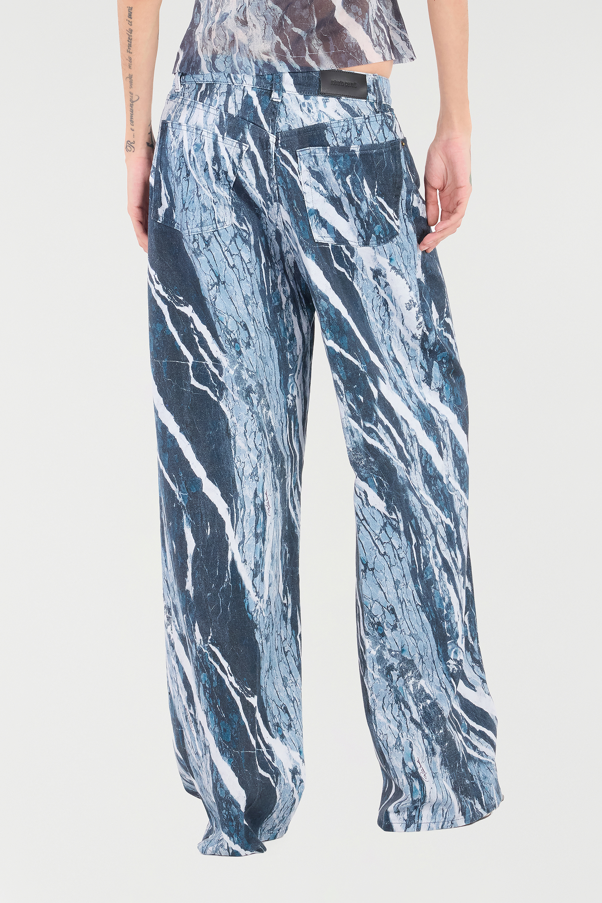 Roberto Cavalli Marble-print Wide-leg Jeans In Blue