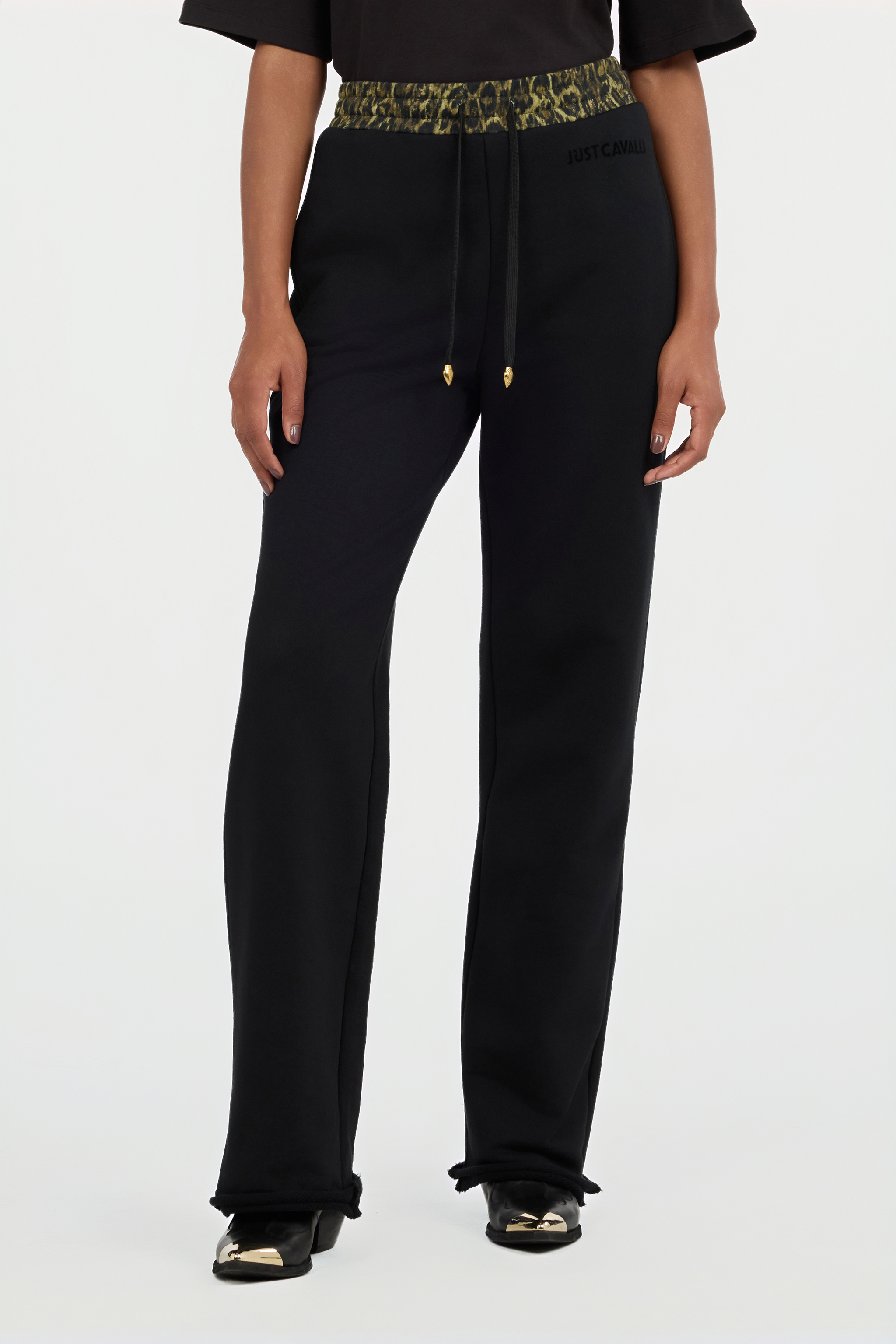 Roberto Cavalli Women's Black Flared Trousers With Leopard Print Waistband - Trousers Verde 185