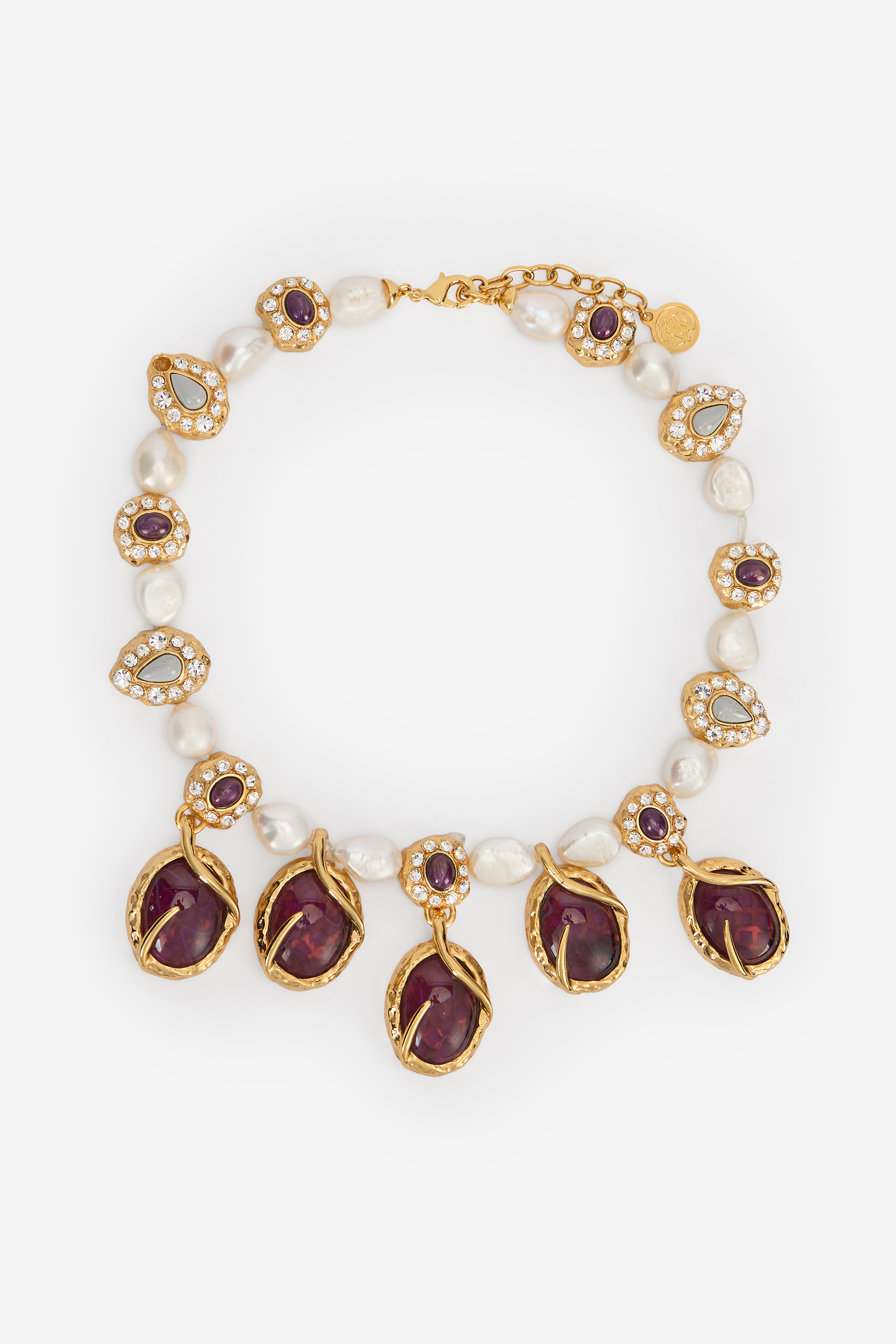 Golden Necklace With Pearls And Amethyst-Effect Stones