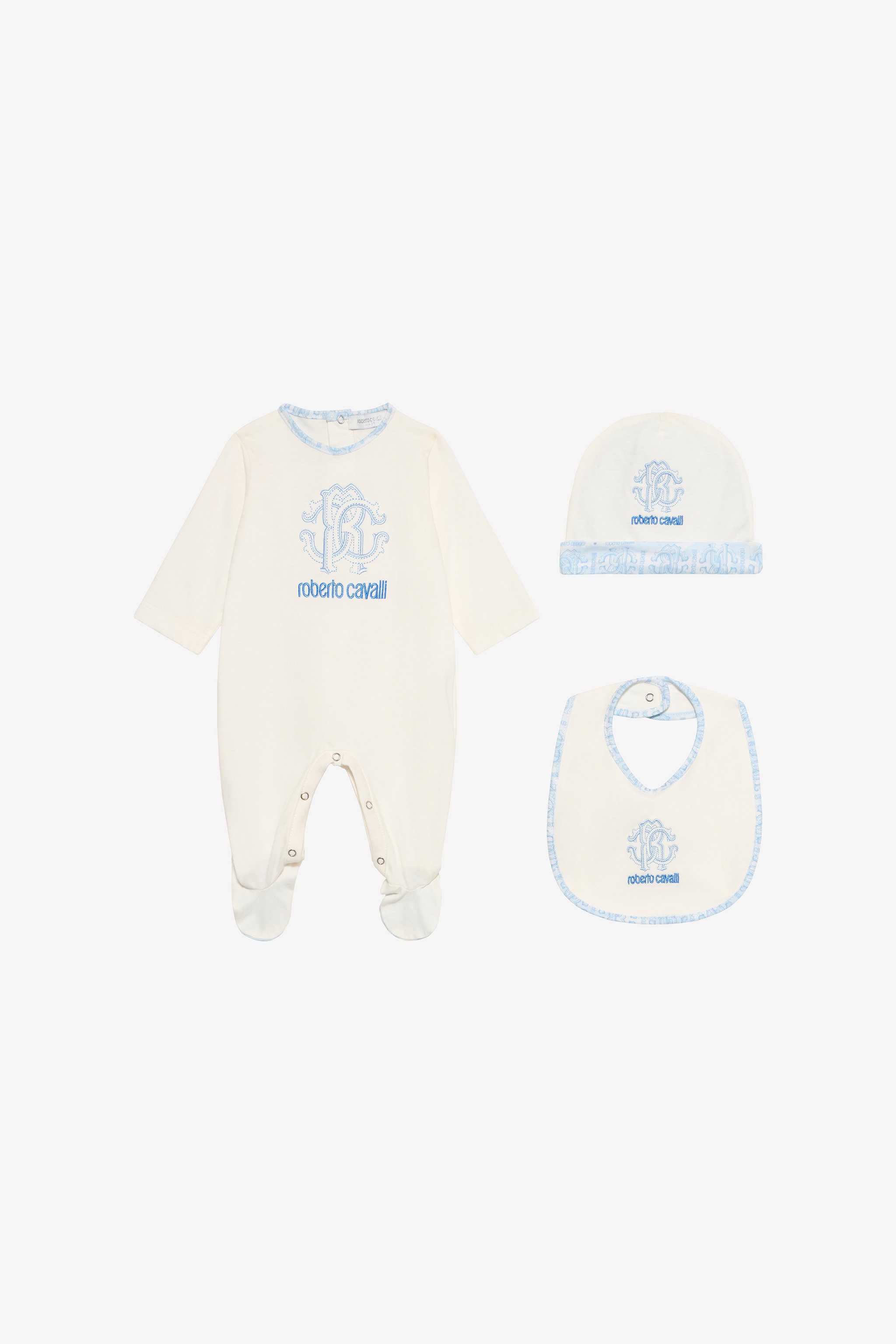Roberto Cavalli Baby Blue Hat, Bib, And Romper Set With Logo In White