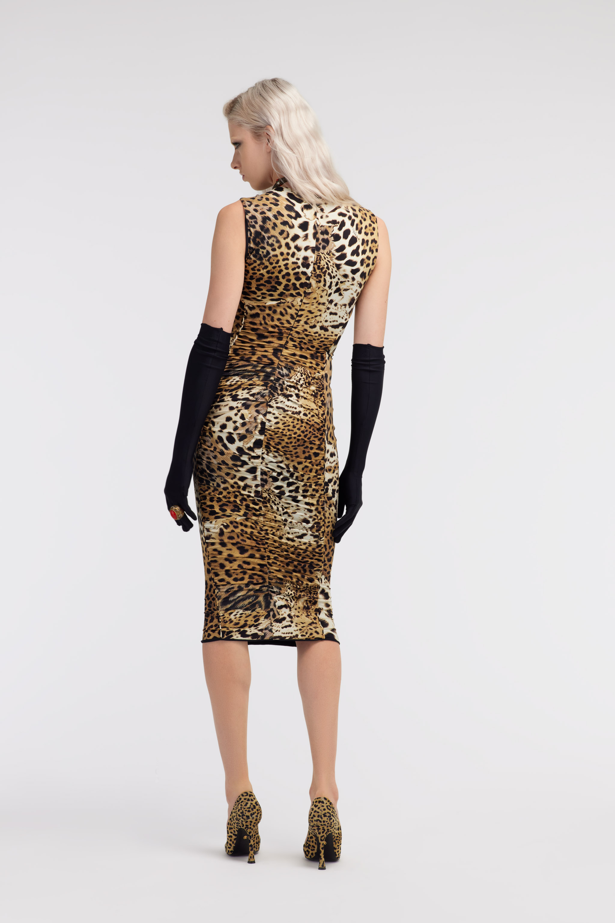 Roberto Cavalli Jaguar-print Gathered Midi Dress In Animal Print
