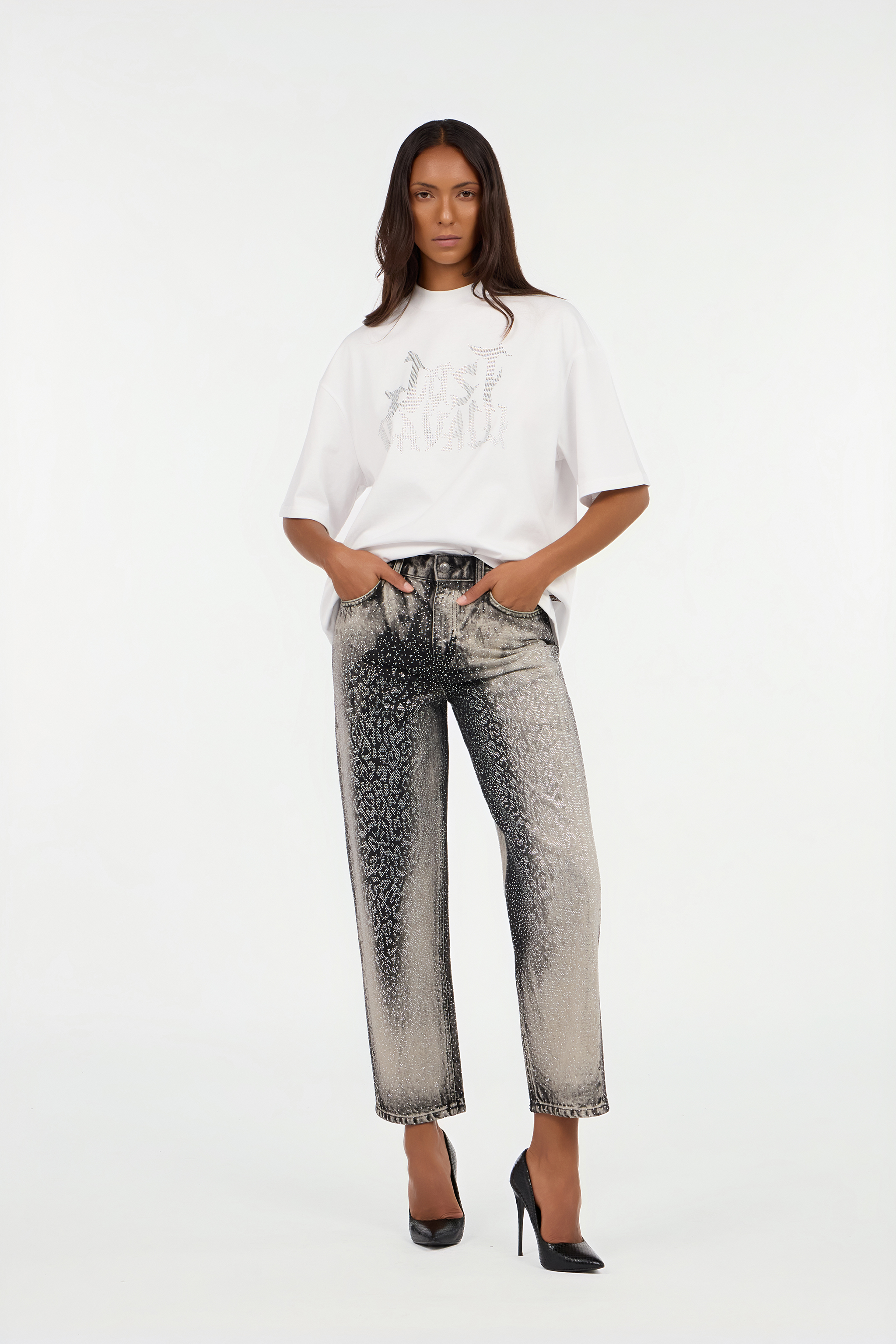 Jeans with Faded Effect and Rhinestones