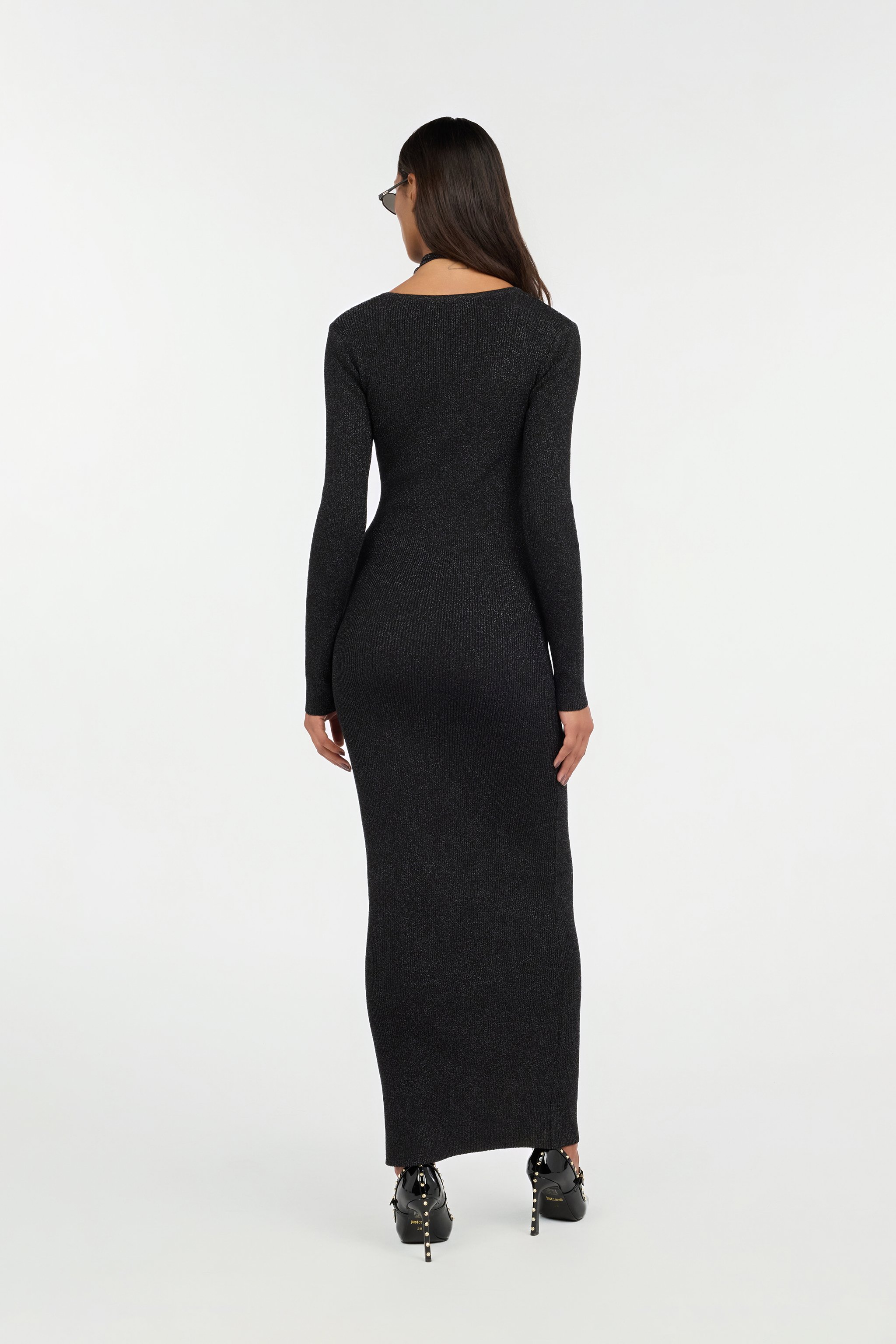 Roberto Cavalli Black Lurex Maxi Dress With Snake Hardware In Black