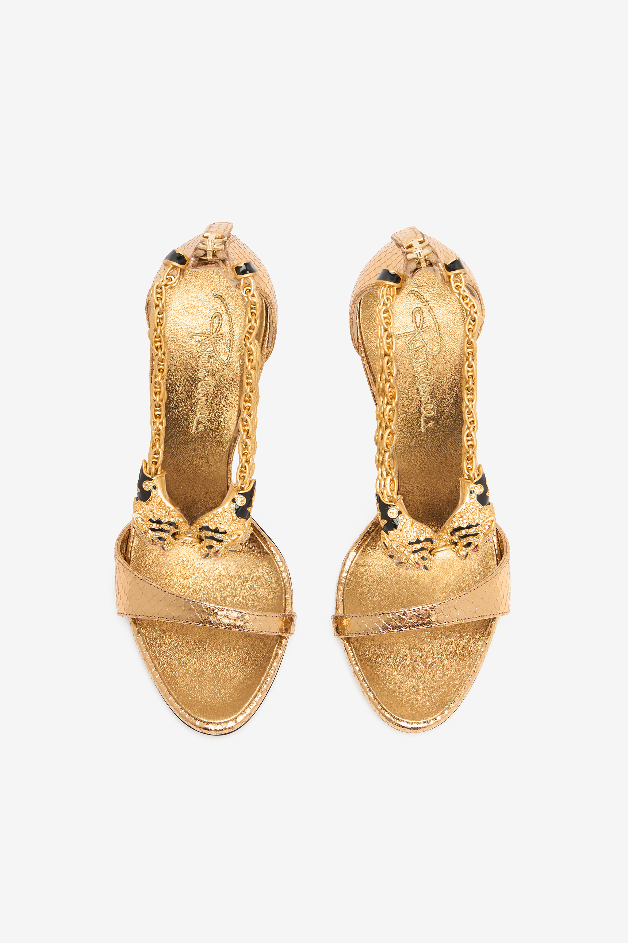 ROBERTO CAVALLI SANDALEN MIT ABSATZ UND SCHMUCKTIGERN 