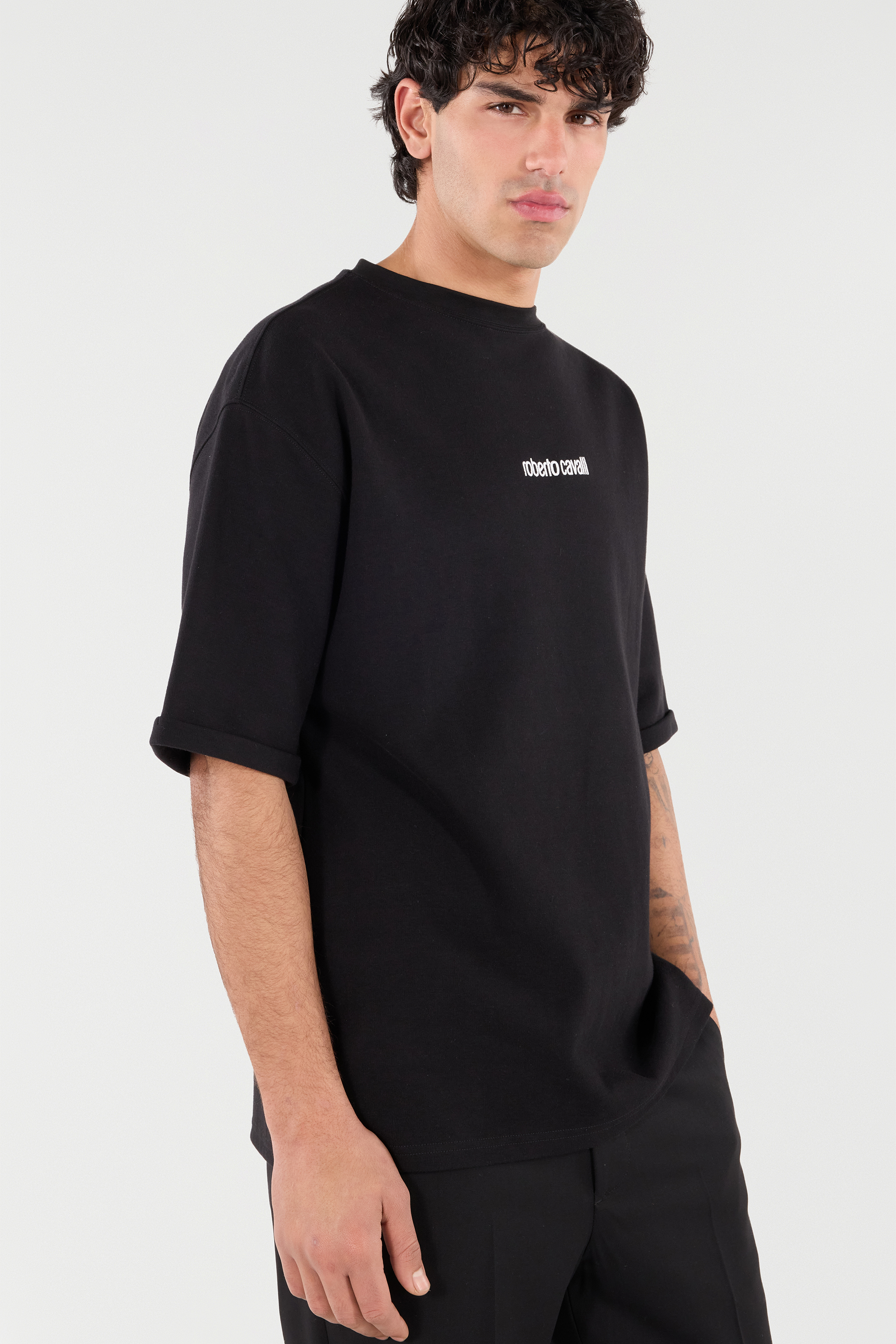 Roberto Cavalli T-shirt With Embroidered Logo In Black