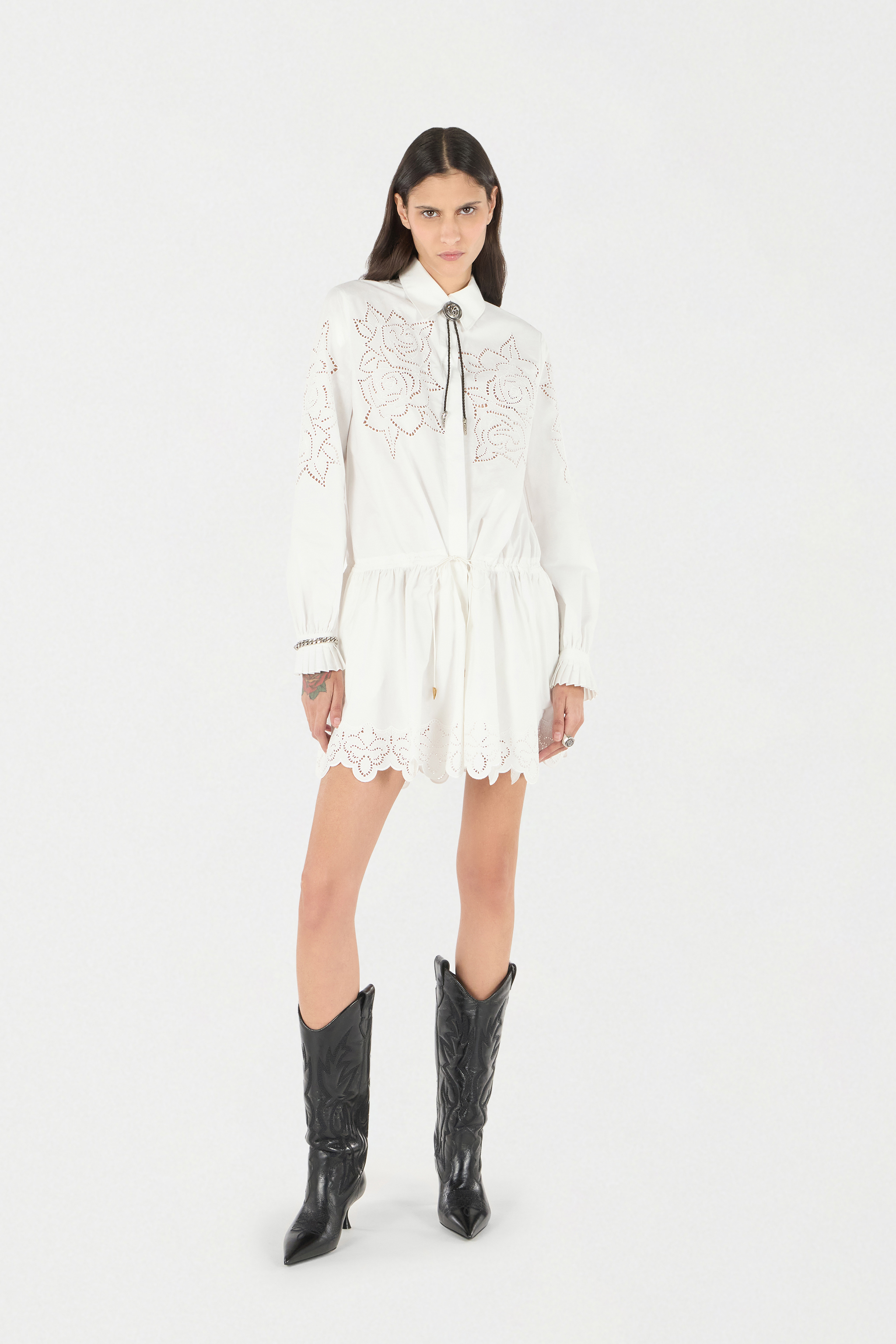 Roberto Cavalli Mini Shirt Dress With Perforated Roses In White