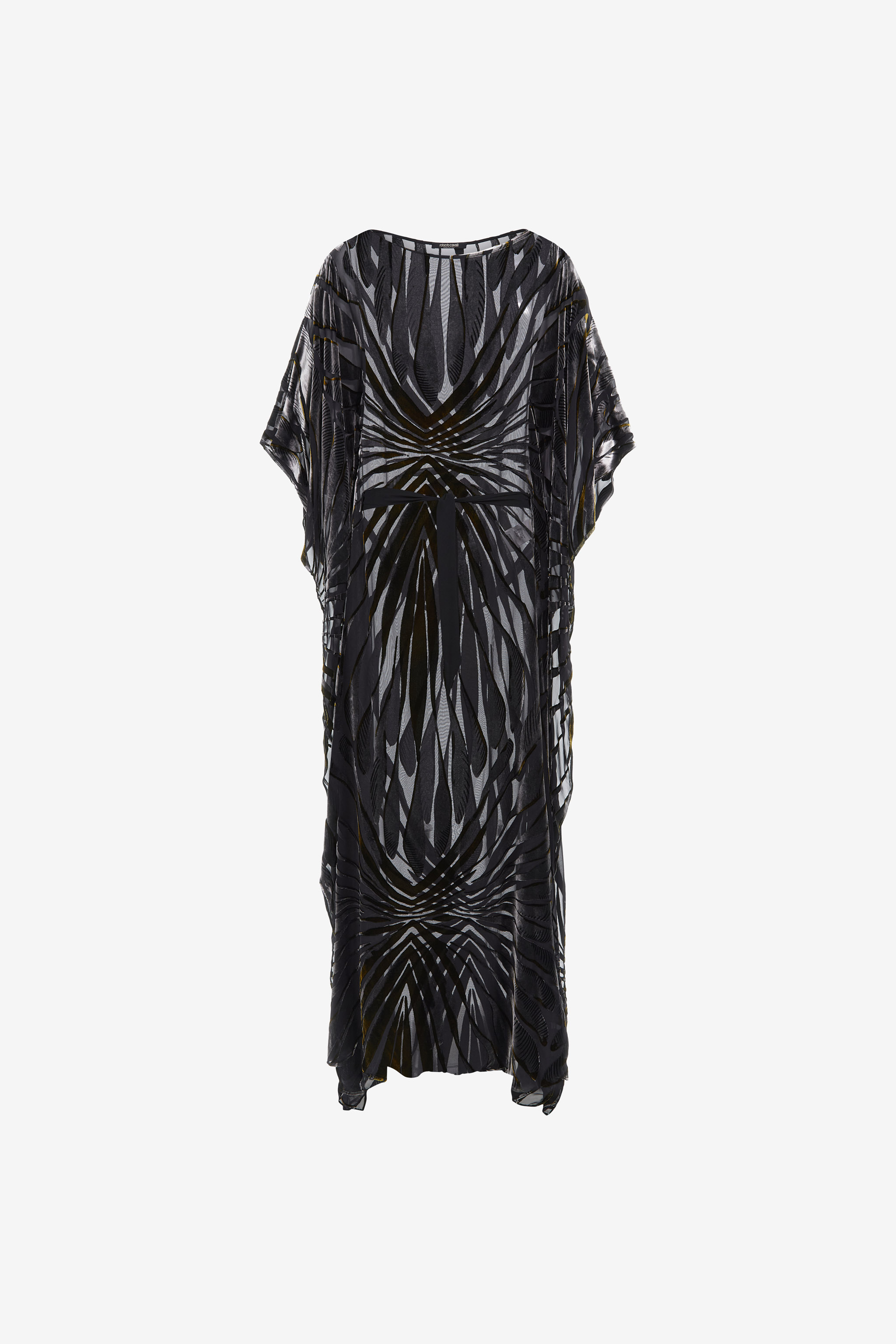 Roberto Cavalli Velvet Kaftan With Ray Of Gold Print In Black