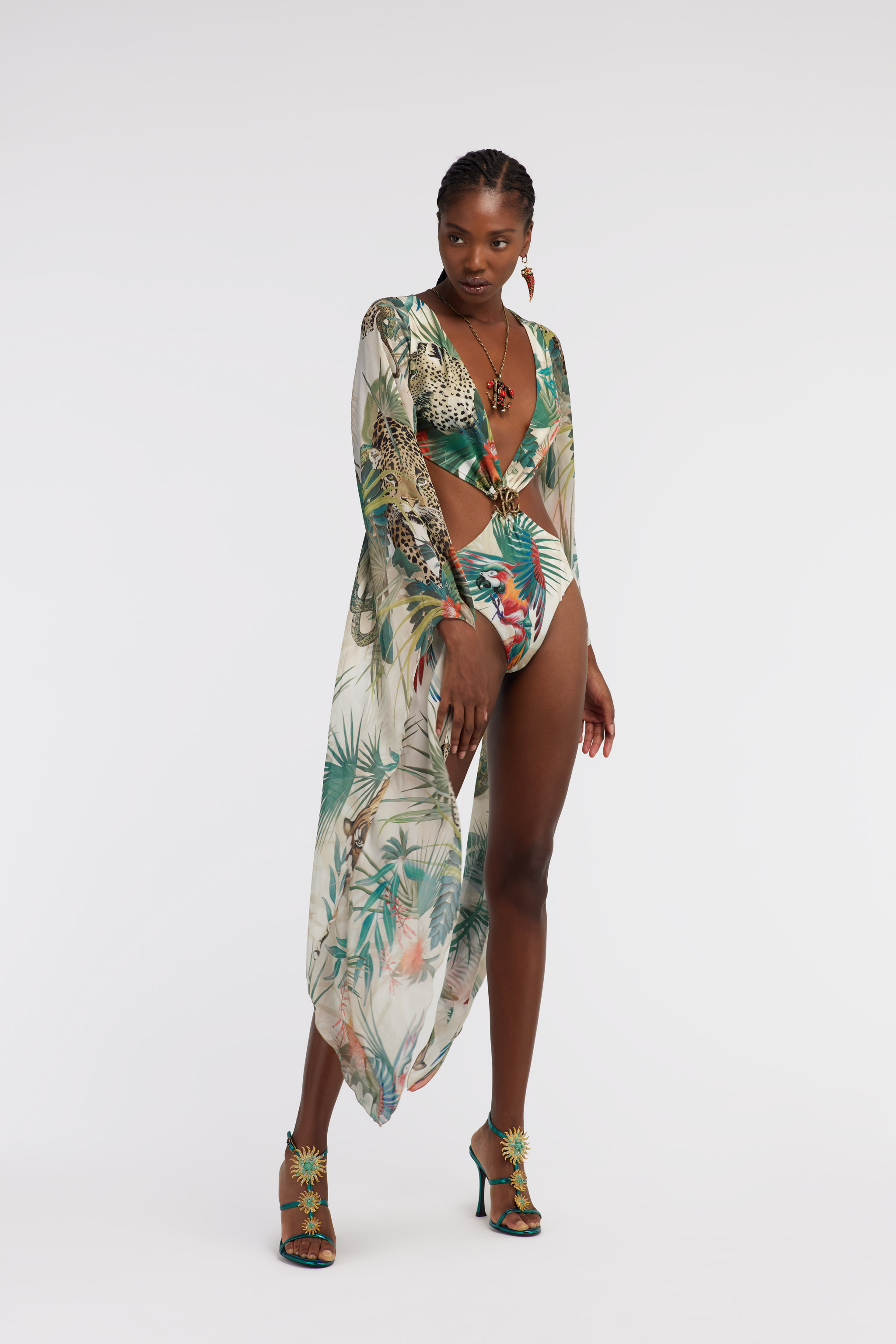 ROBERTO CAVALLI JUNGLE-PRINT BADEANZUG EINTEILER SEIDENÄRMEL