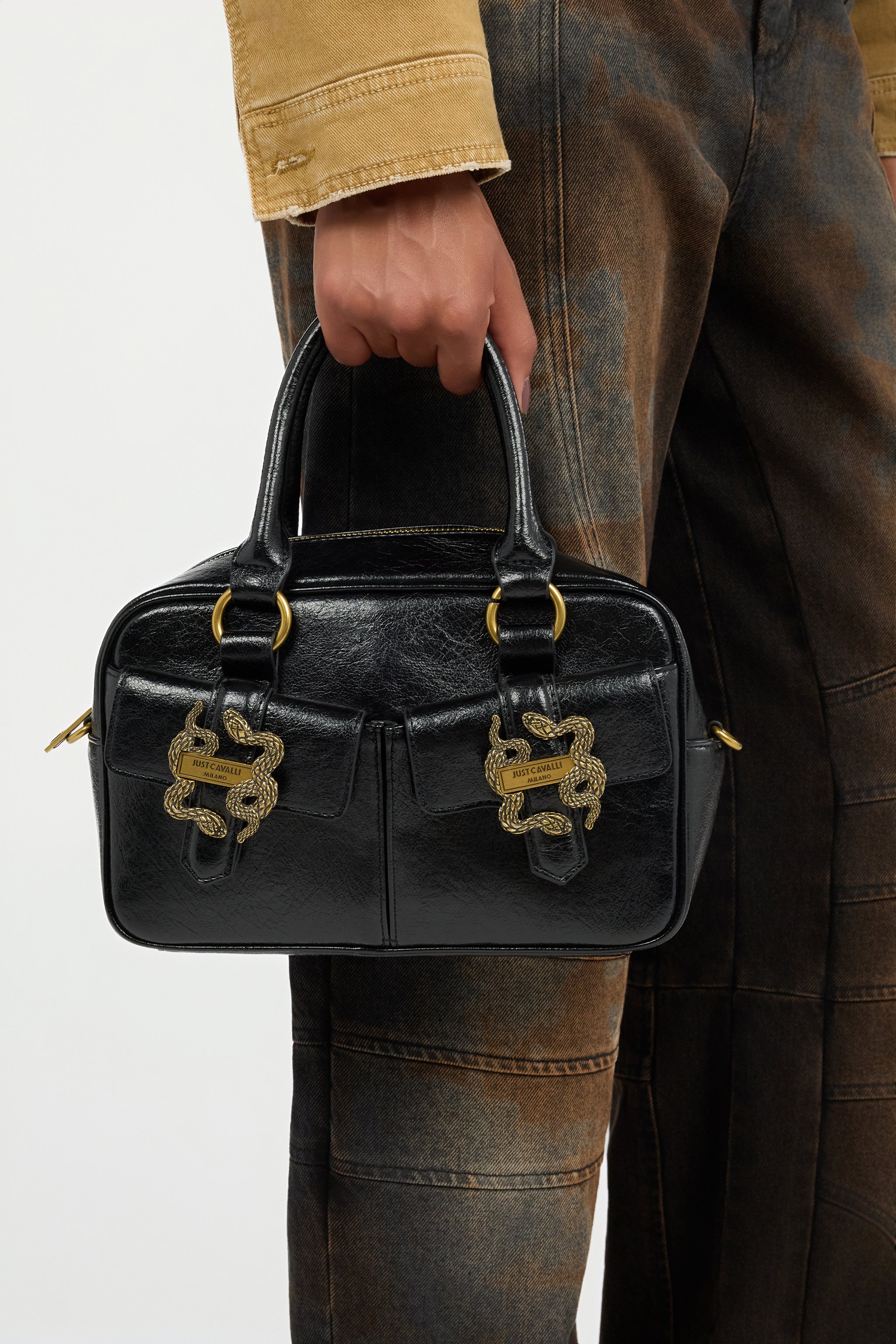 Black Shoulder Bag With Snake Detail
