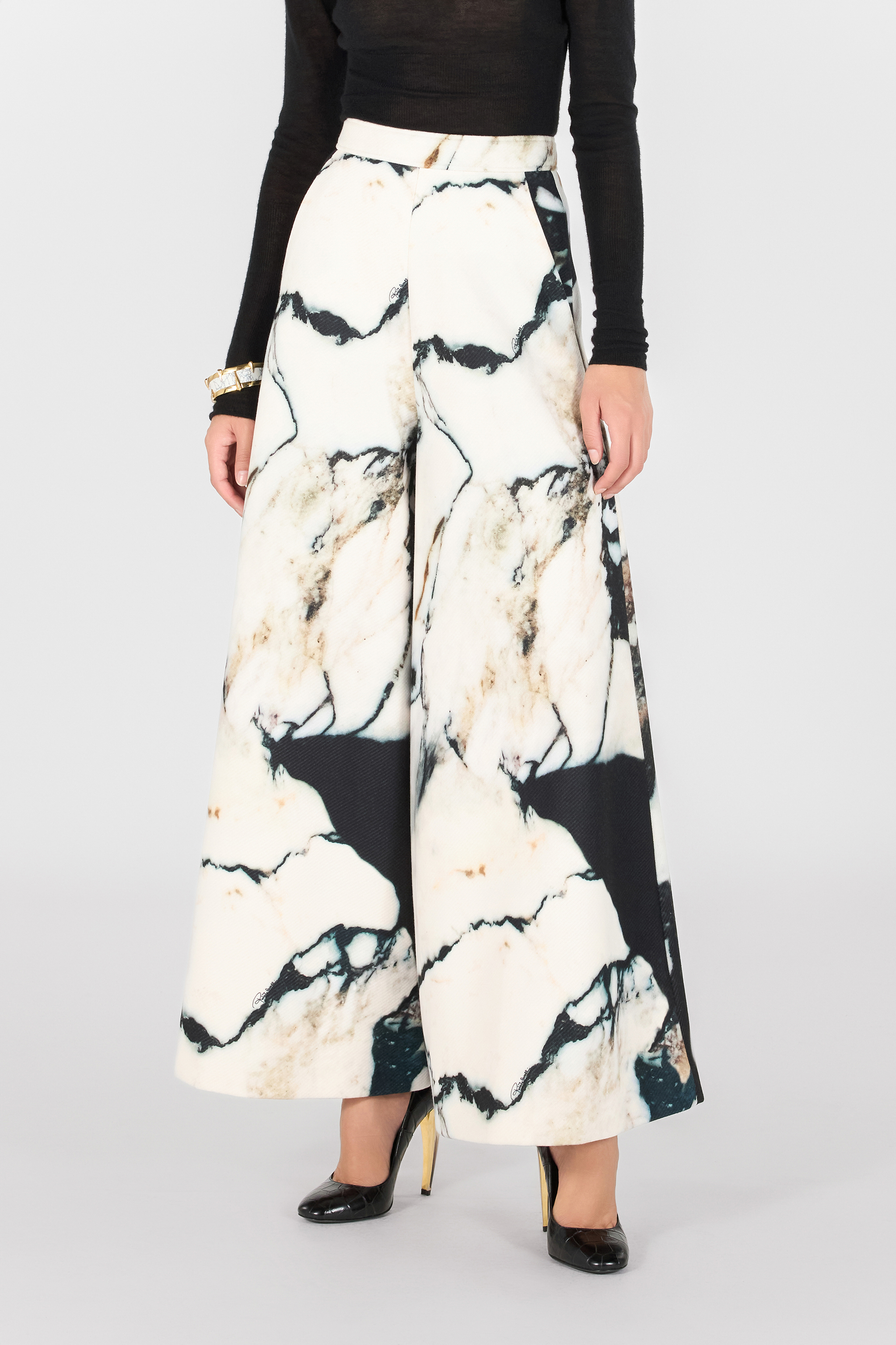 Roberto Cavalli Loose Flare Trousers With Marble Print In Black/white