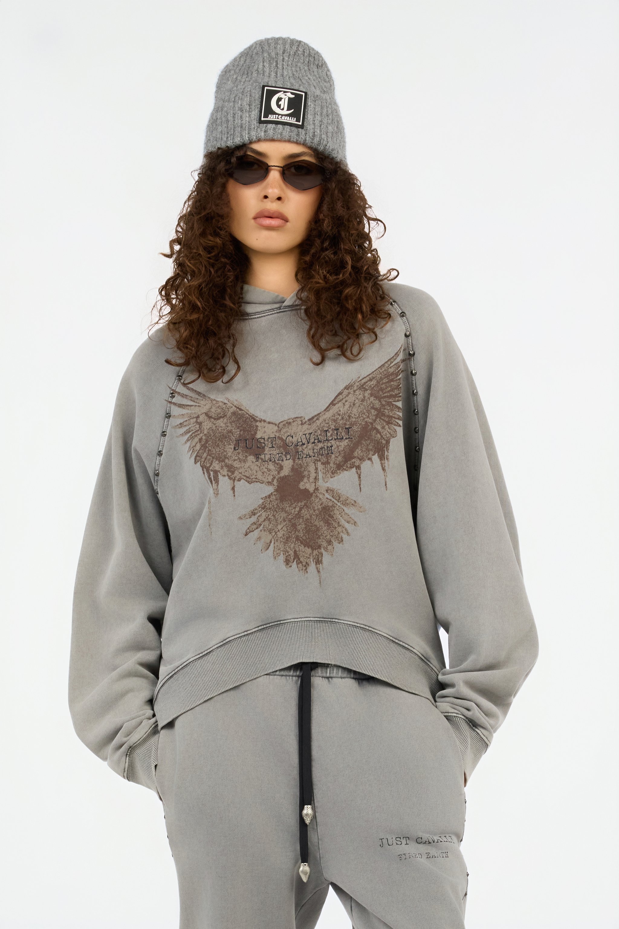 Roberto Cavalli Grey Eagle Print Hoodie In Gray