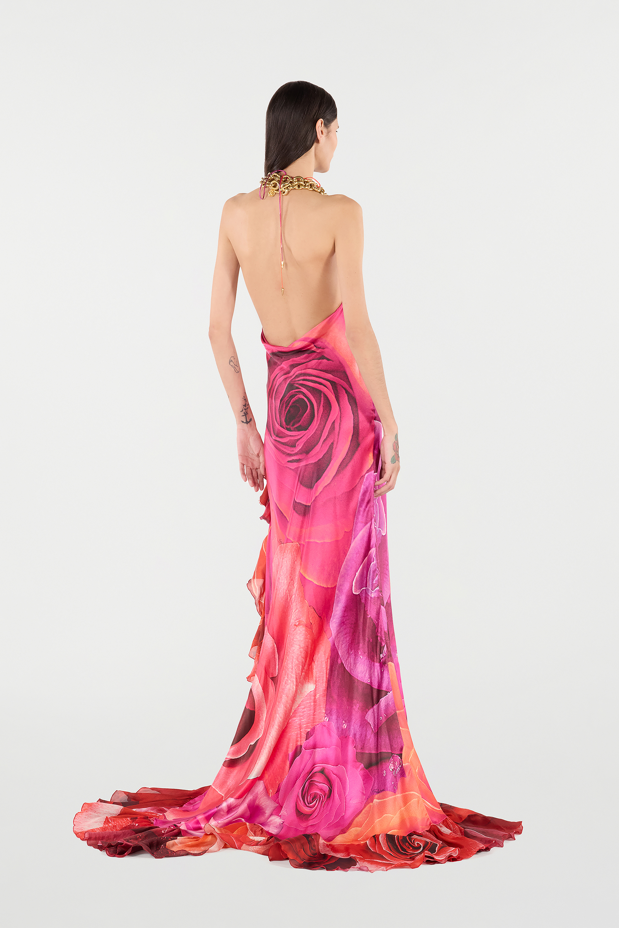 Roberto Cavalli Dress With Rose Print And Flounces In Rosa/rosso
