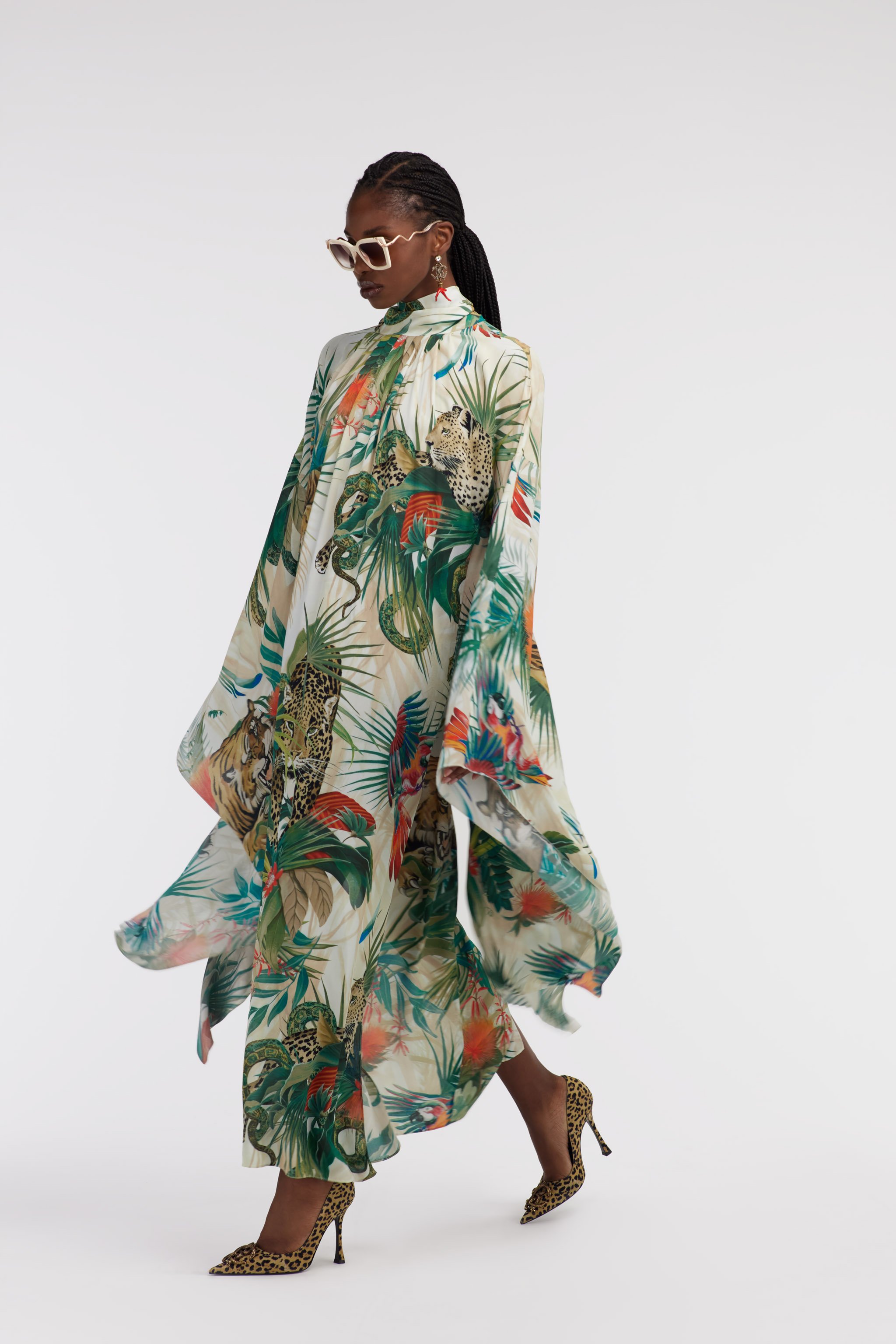 Jungle Print Kaftan Dress High Neck