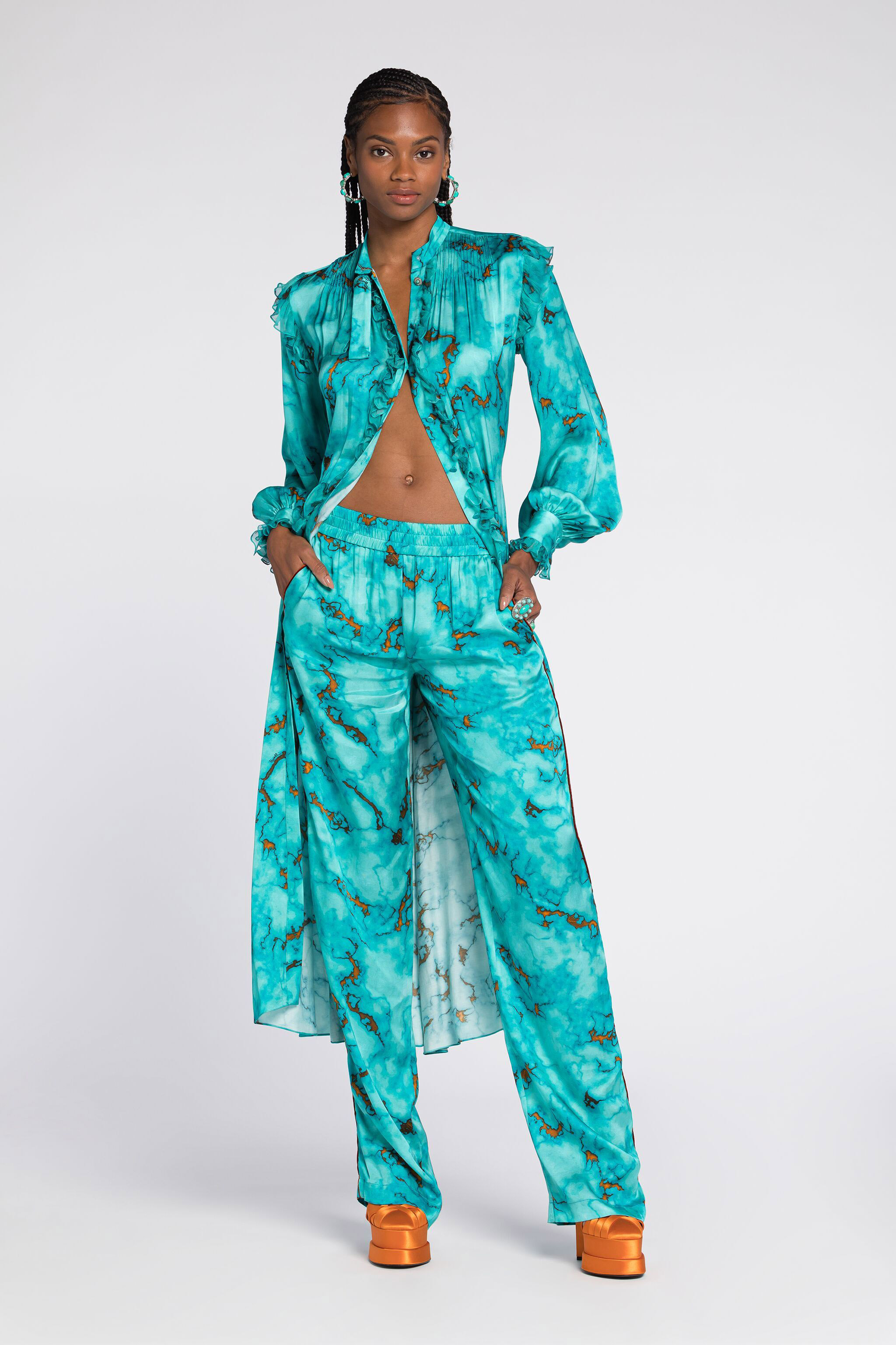 Roberto Cavalli Marble-print Straight-leg Trousers In Light Blue