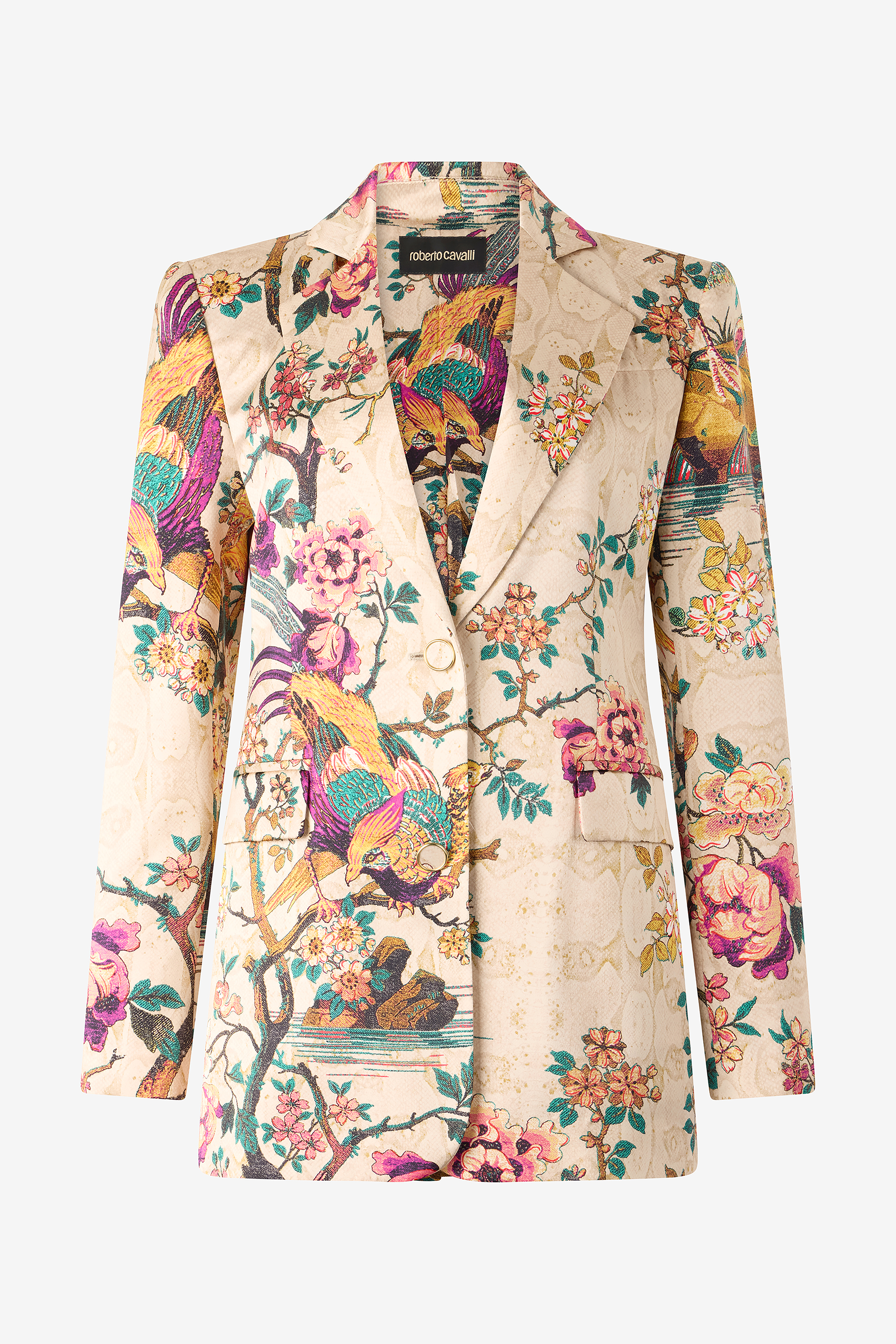 Roberto Cavalli Women's Ivory/Pink Silk Blazer With Oriental Bird Print - Blazers