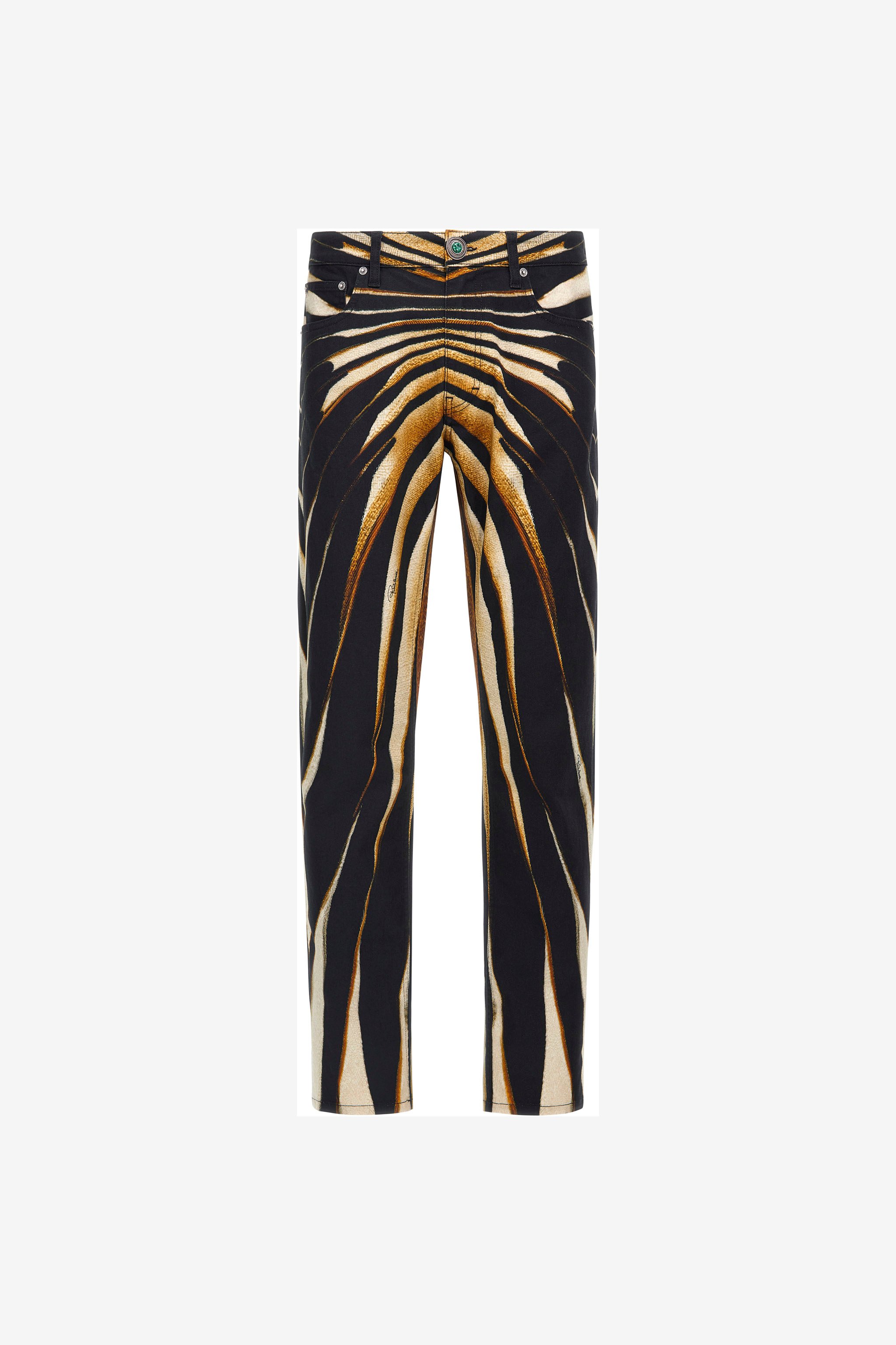 Roberto Cavalli Slim Fit Jeans With Ray Of Gold Print In Gold