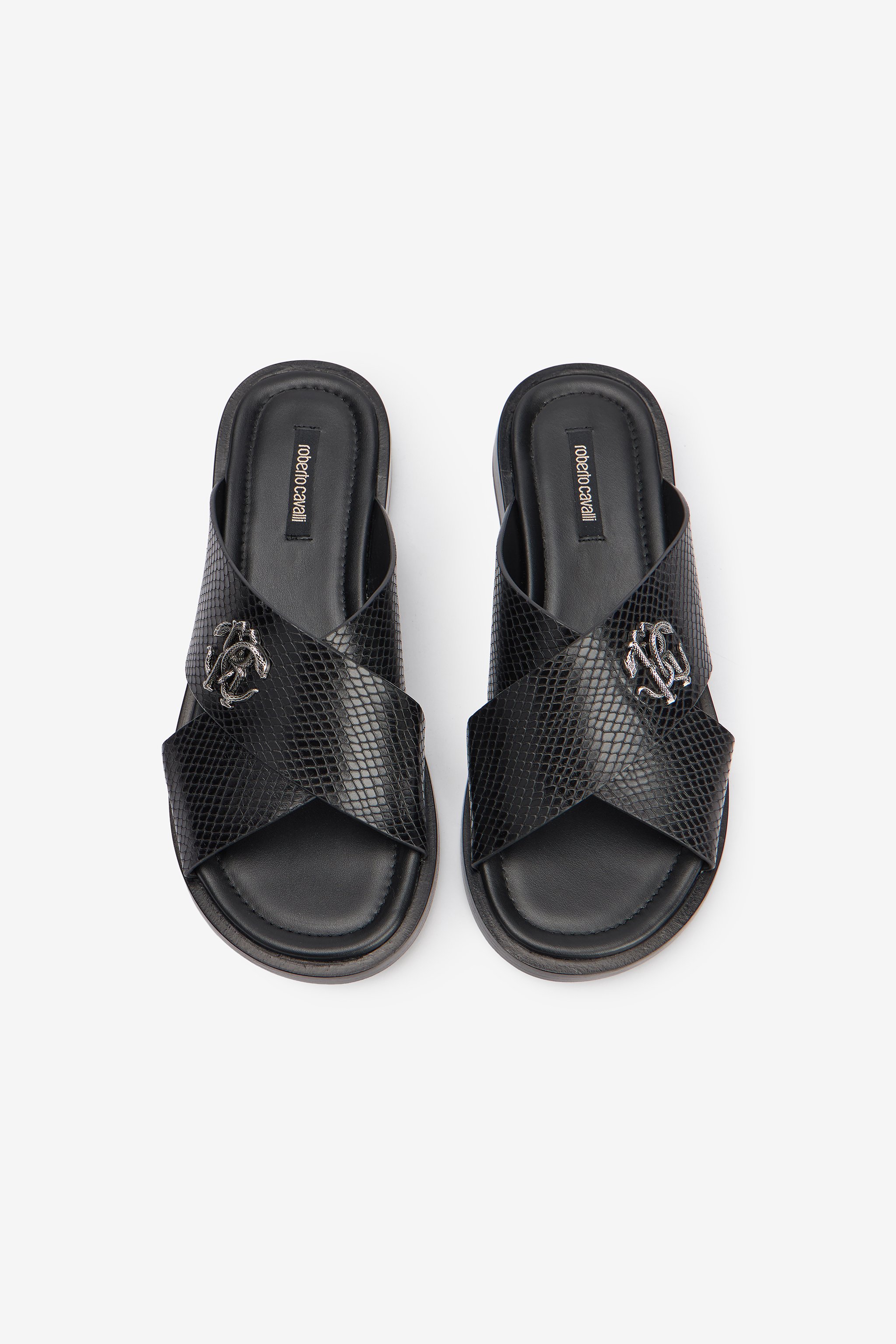 Black Slide Sandals Snake-Effect Leather