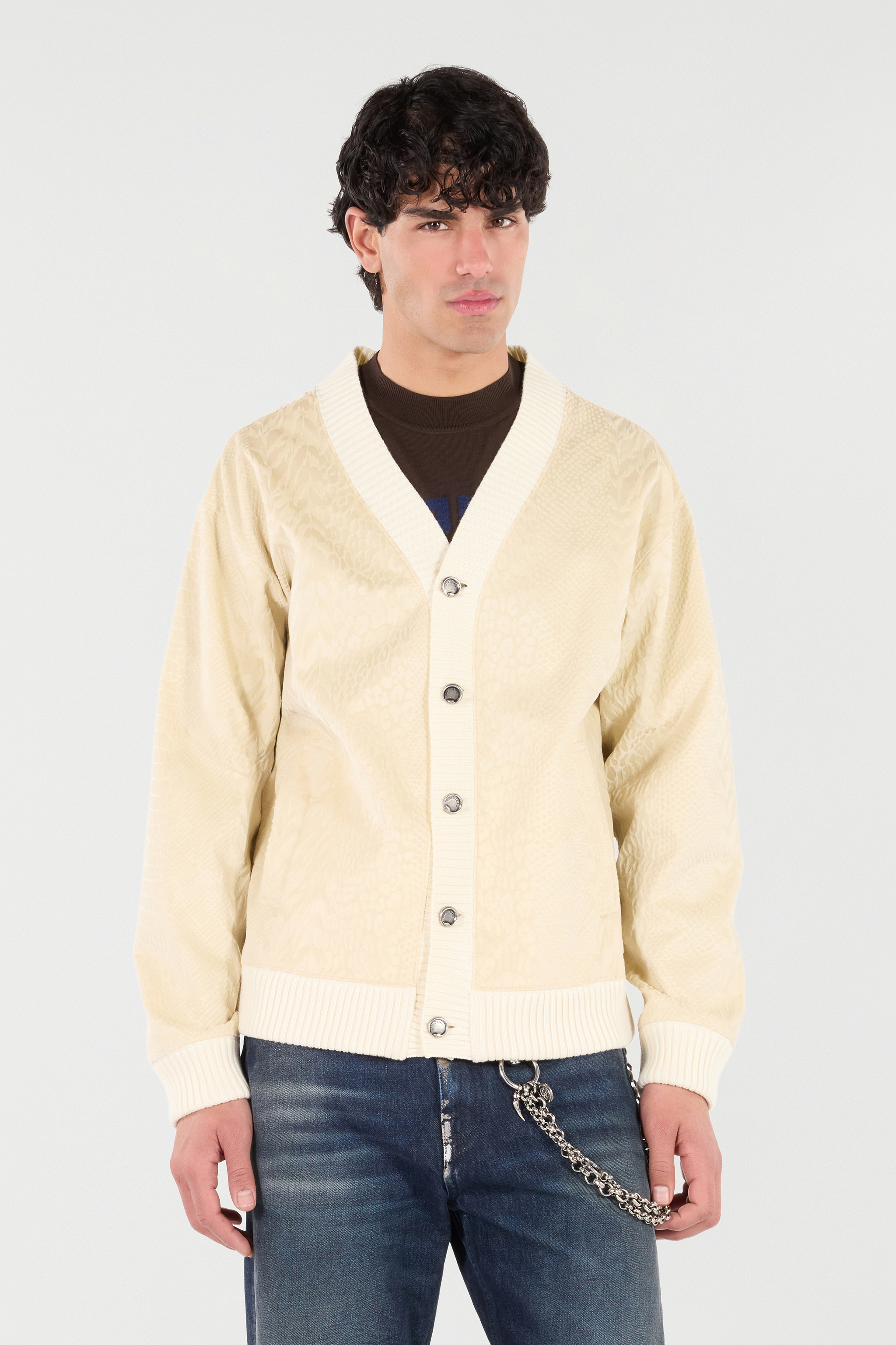 Roberto Cavalli Python-print Cardigan-style Sweatshirt In Light Beige