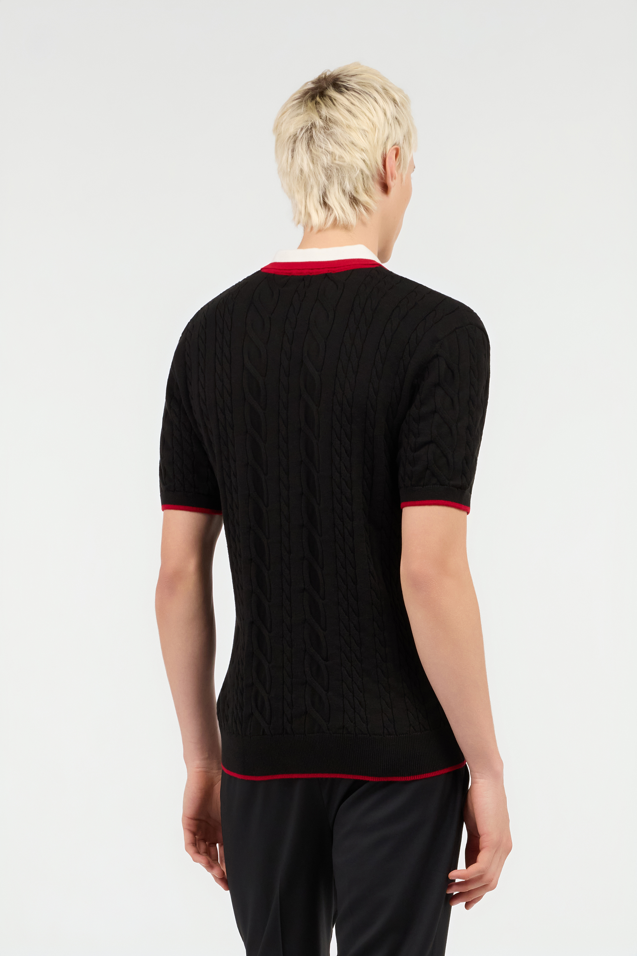 Black Cable Knit Polo With Contrast Trim