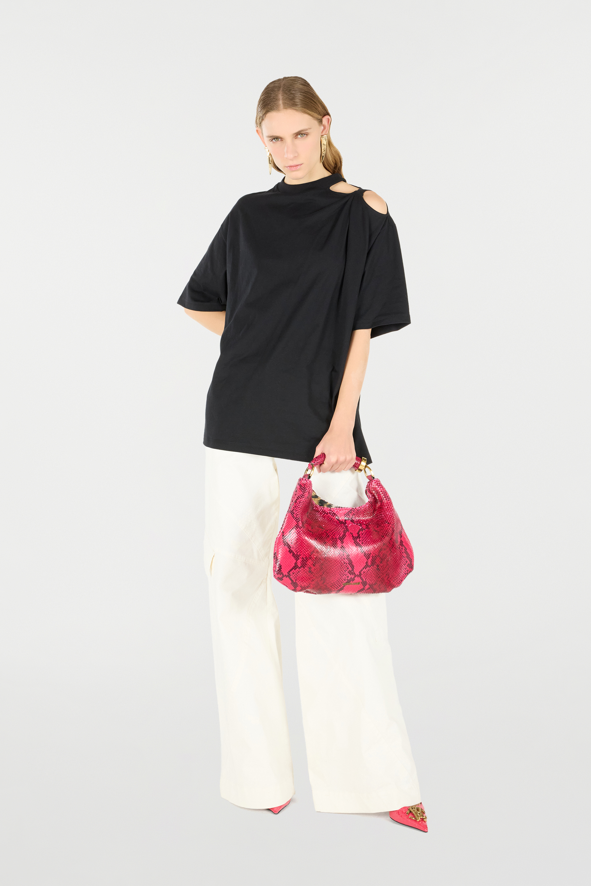 ROBERTO CAVALLI T-SHIRT WITH CUT-OUT AND TIGER HEAD