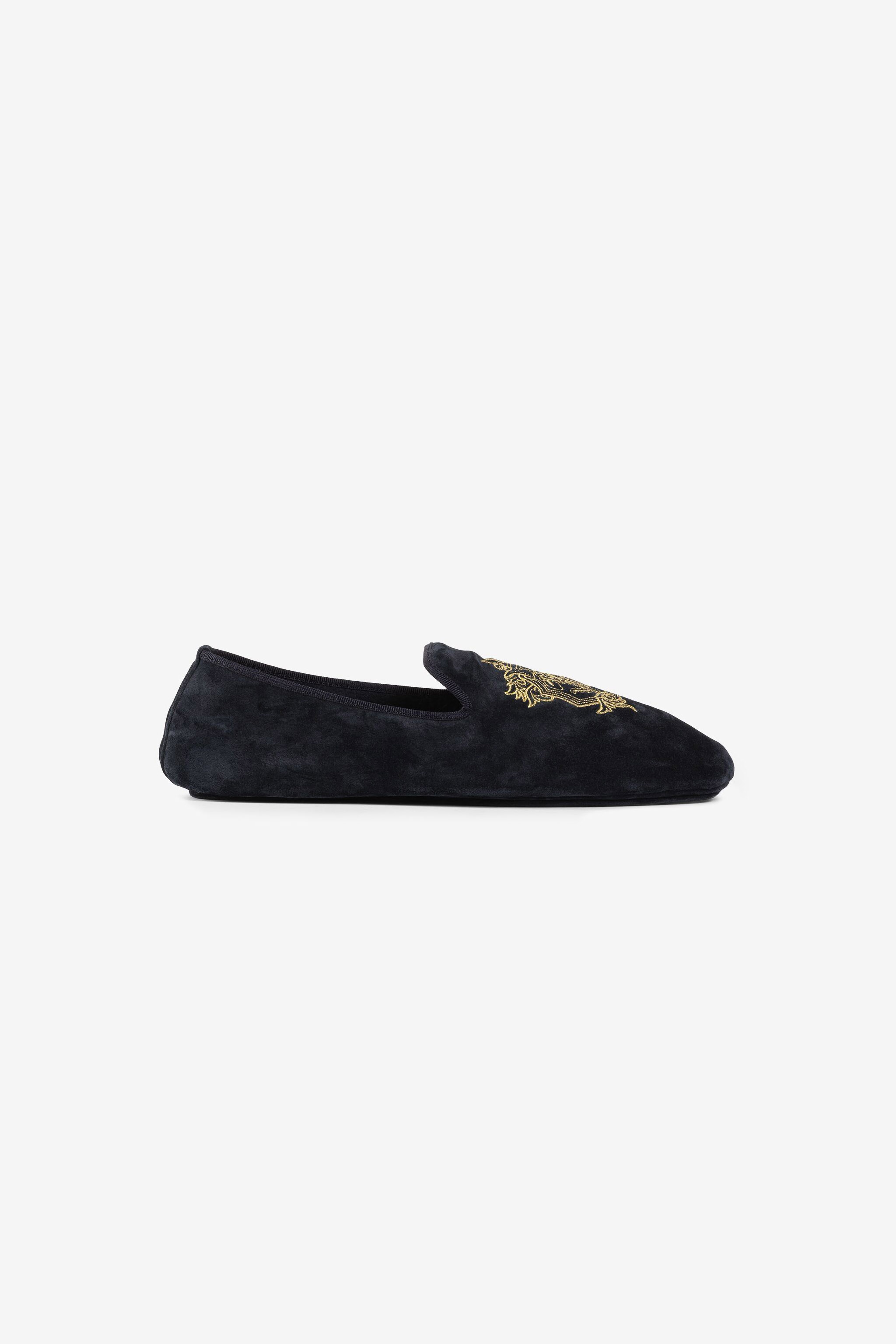 Roberto Cavalli Mirror Snake Crest-embroidered Velvet Slippers - Male Loafers & Moccasins Dark Blue 42 