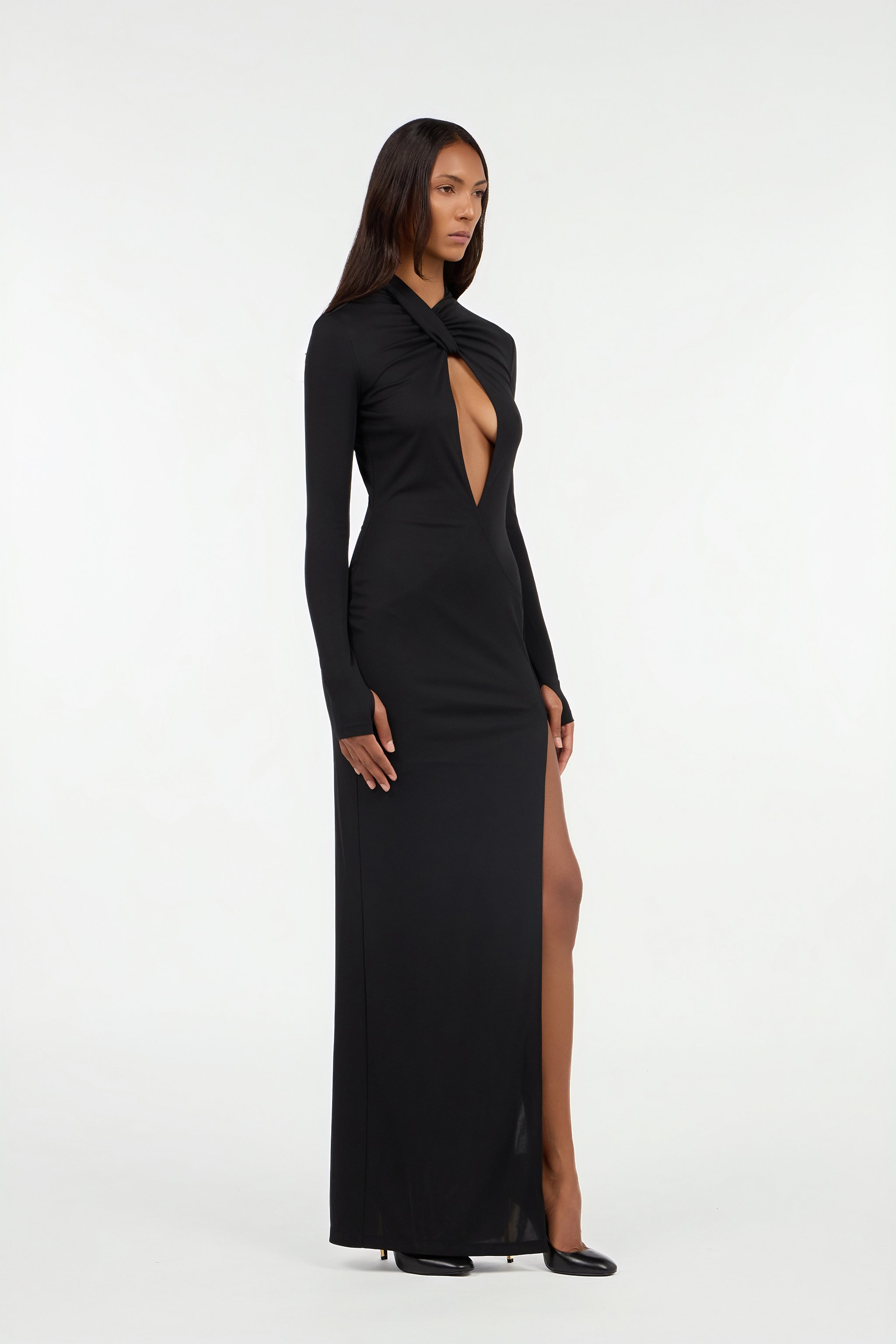 Long black dress with cut-out and slit