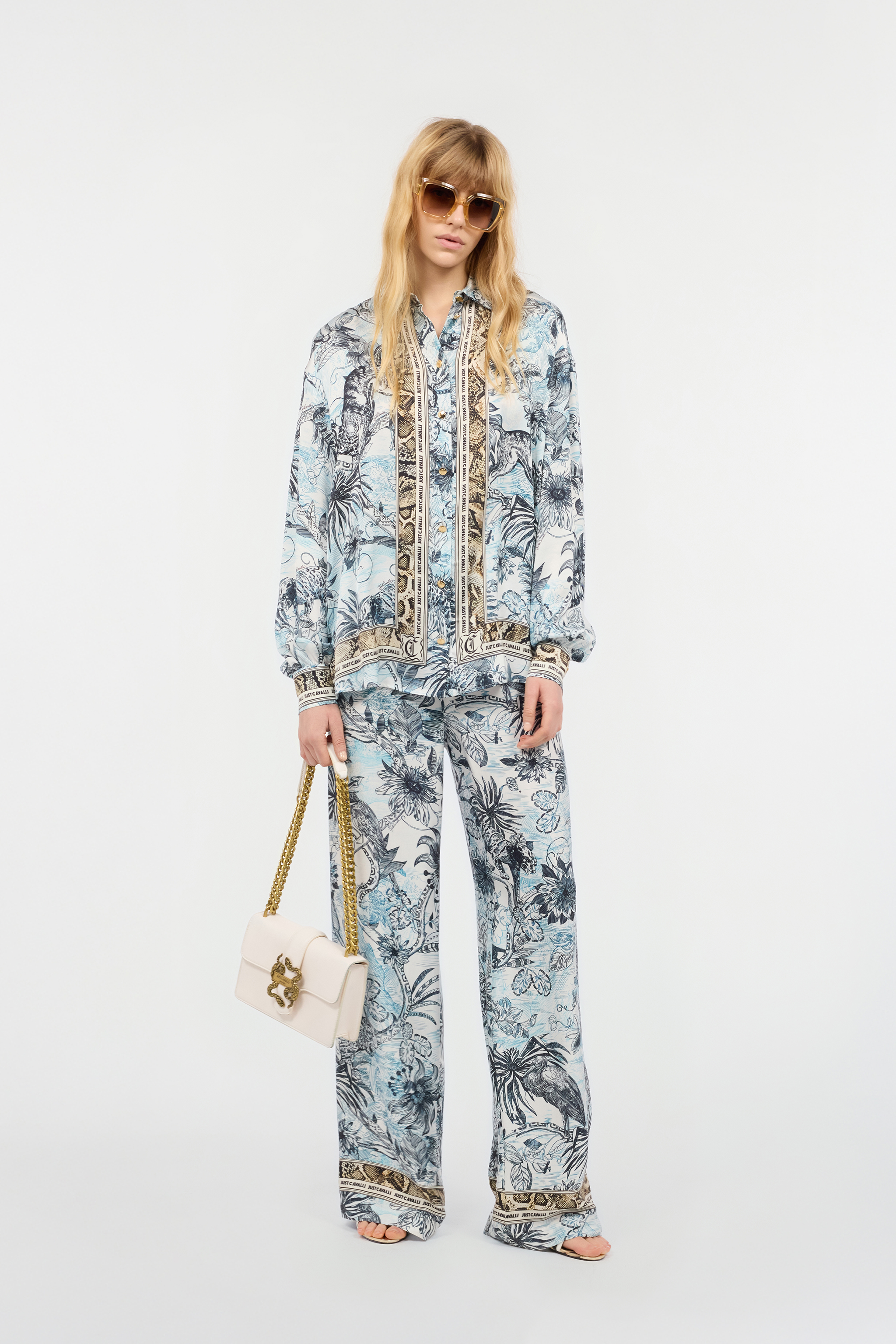 Roberto Cavalli Shirt With Python And Jungle Print In Light Blue