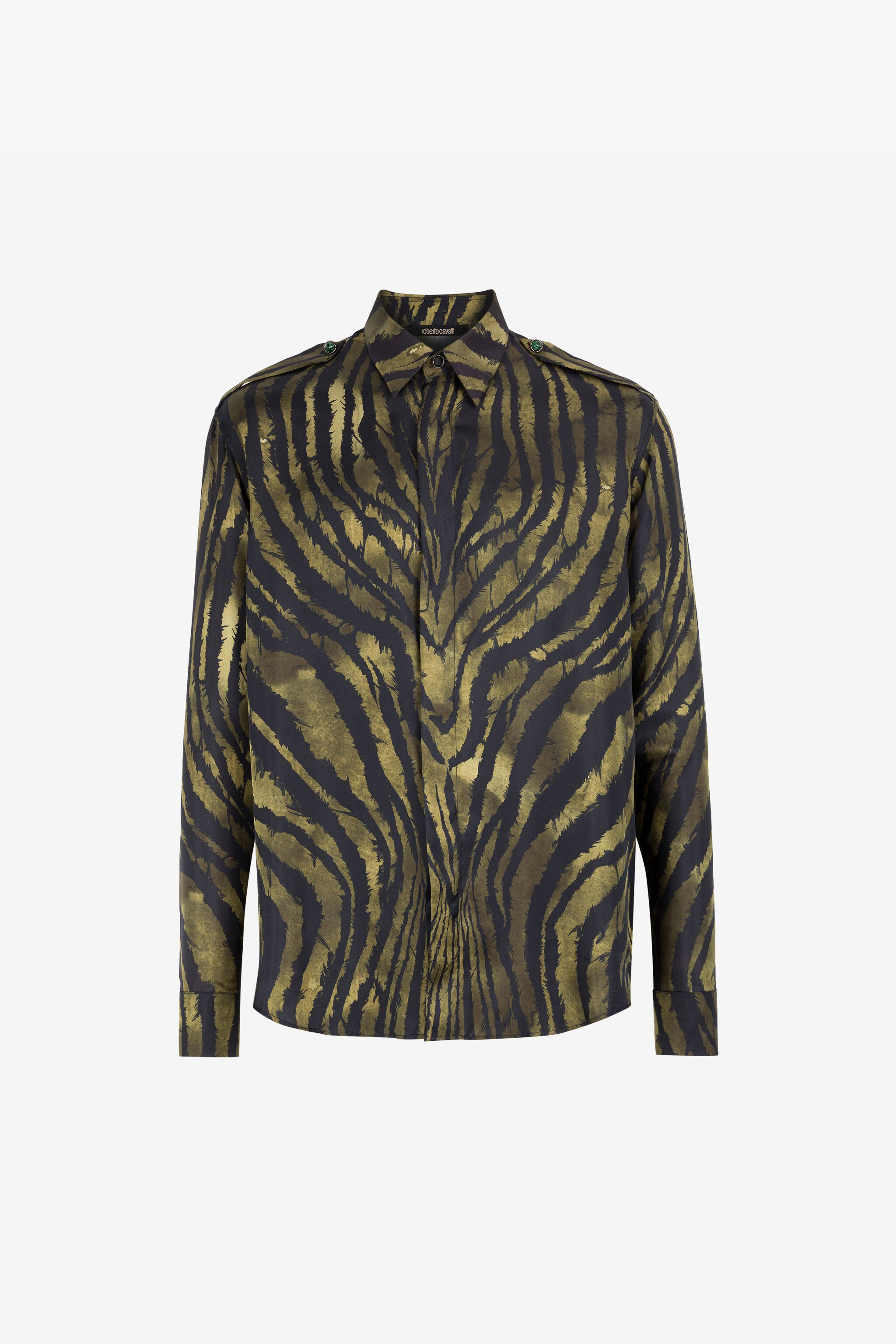 Shop Roberto Cavalli Seidenhemd Mit Tiger-print In Dark Green/black