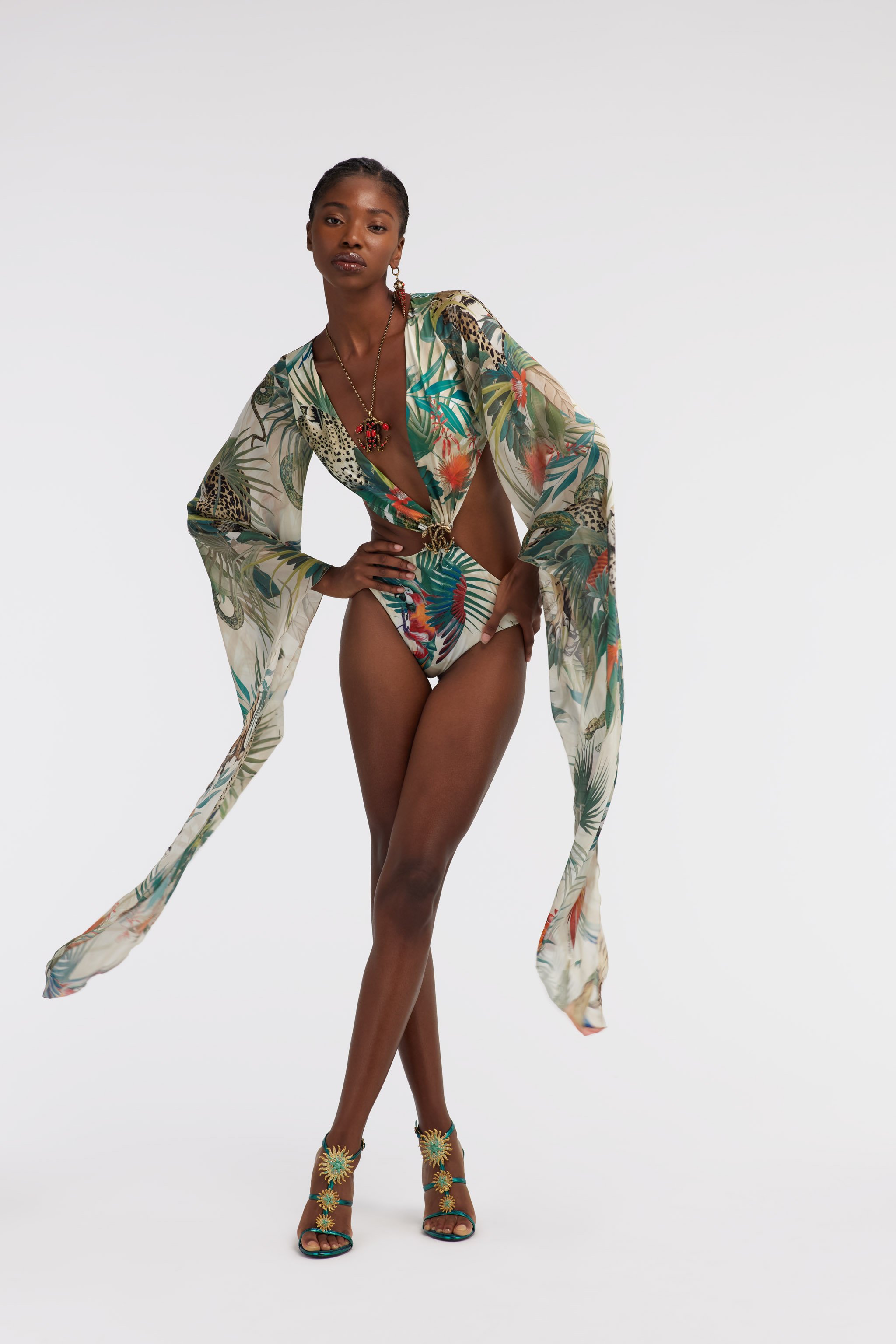 ROBERTO CAVALLI JUNGLE-PRINT BADEANZUG EINTEILER SEIDENÄRMEL