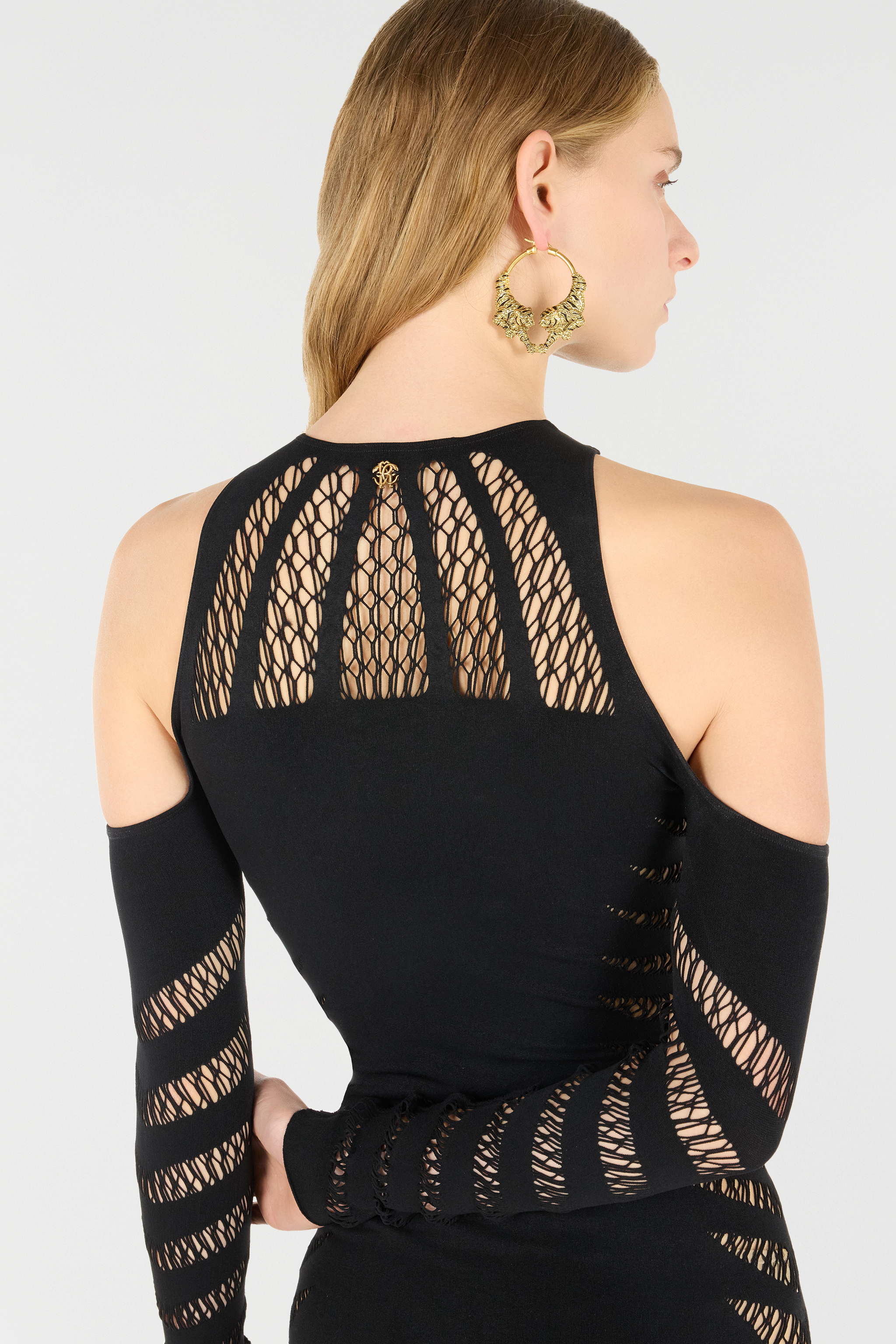 Roberto Cavalli Midi Dress With Perforated Pattern In Black