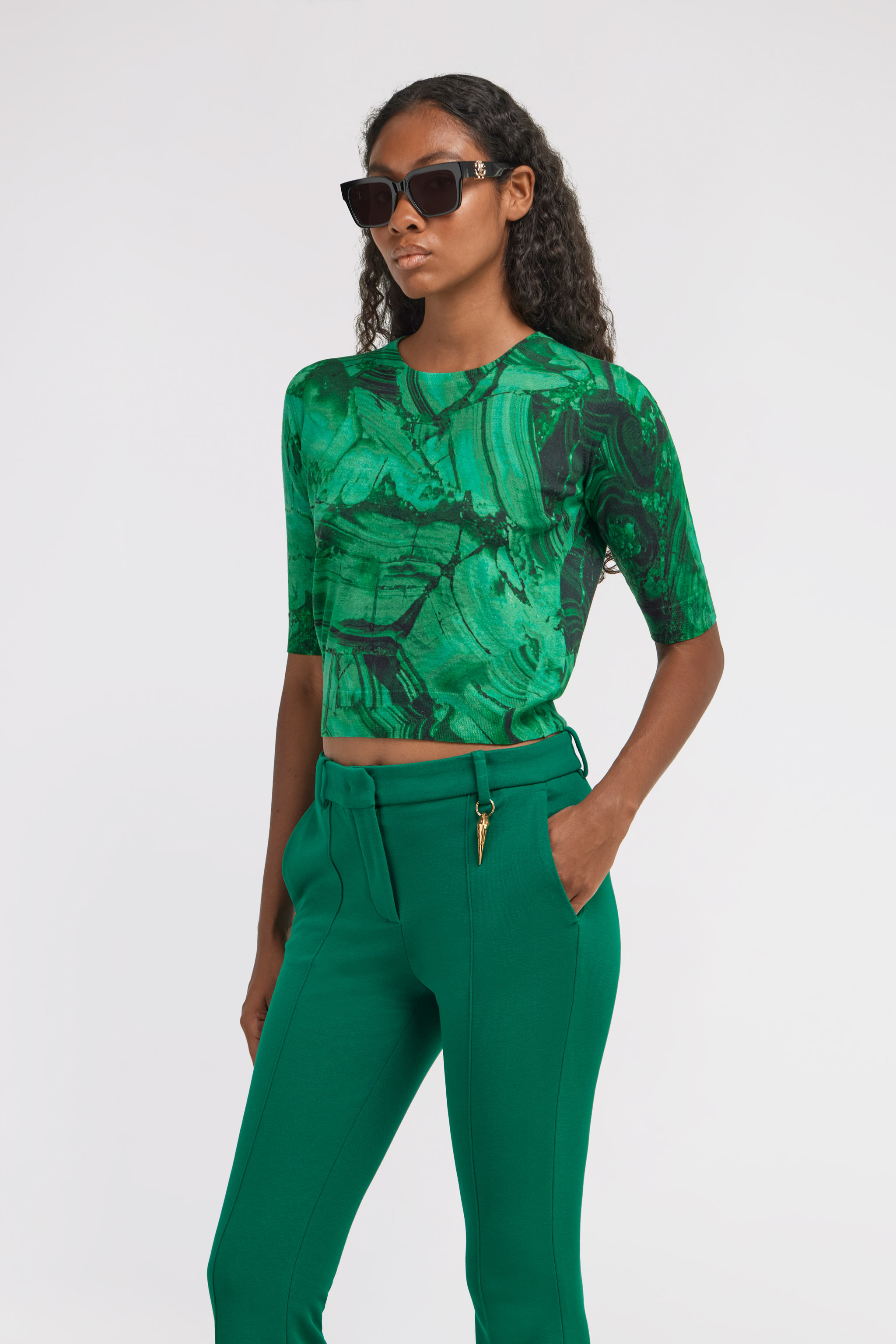 Roberto Cavalli Malachite Print Short Sleeve Knit In Green