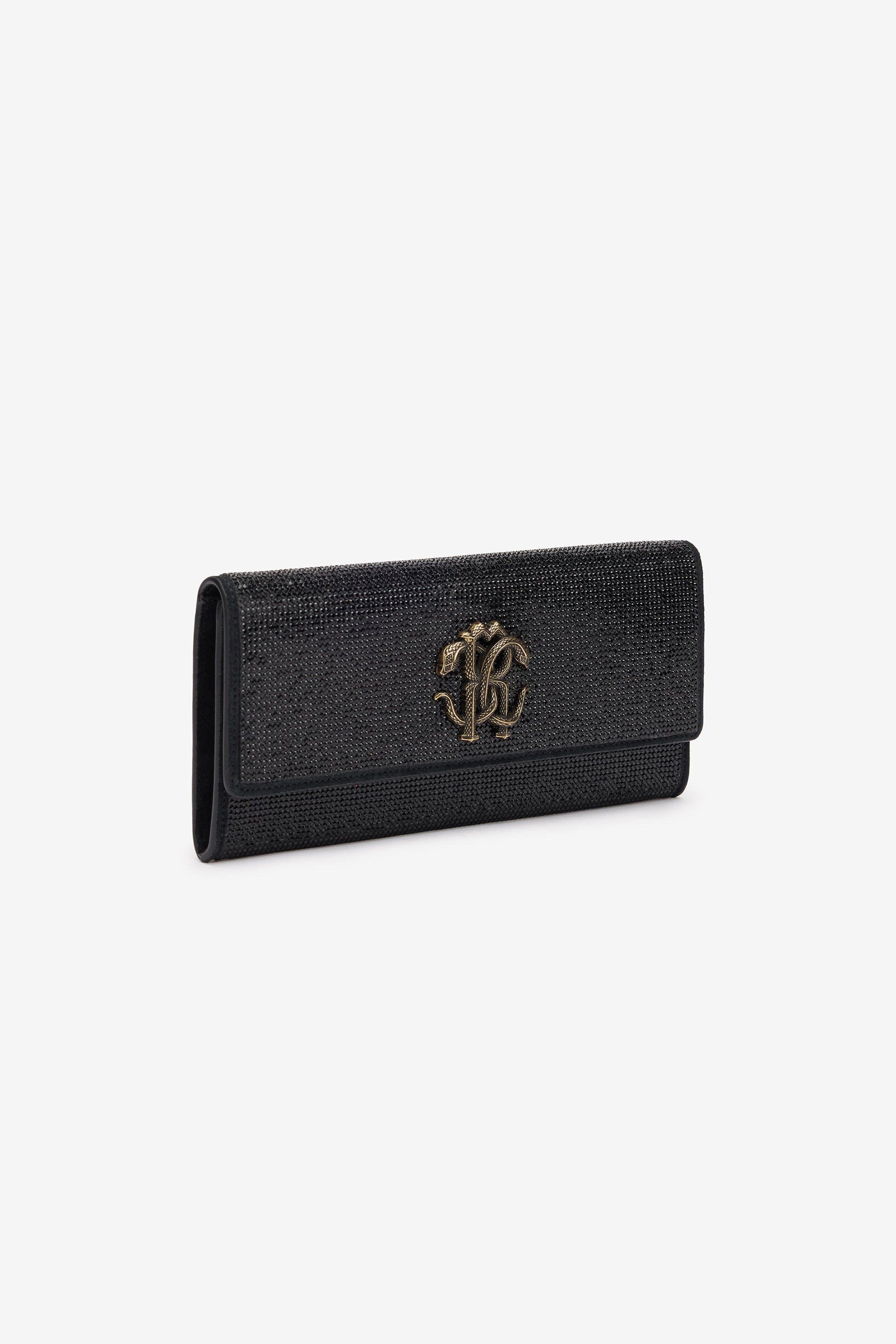 Shop Roberto Cavalli Clutch With Crystals And Mirror Snake Monogram In Black