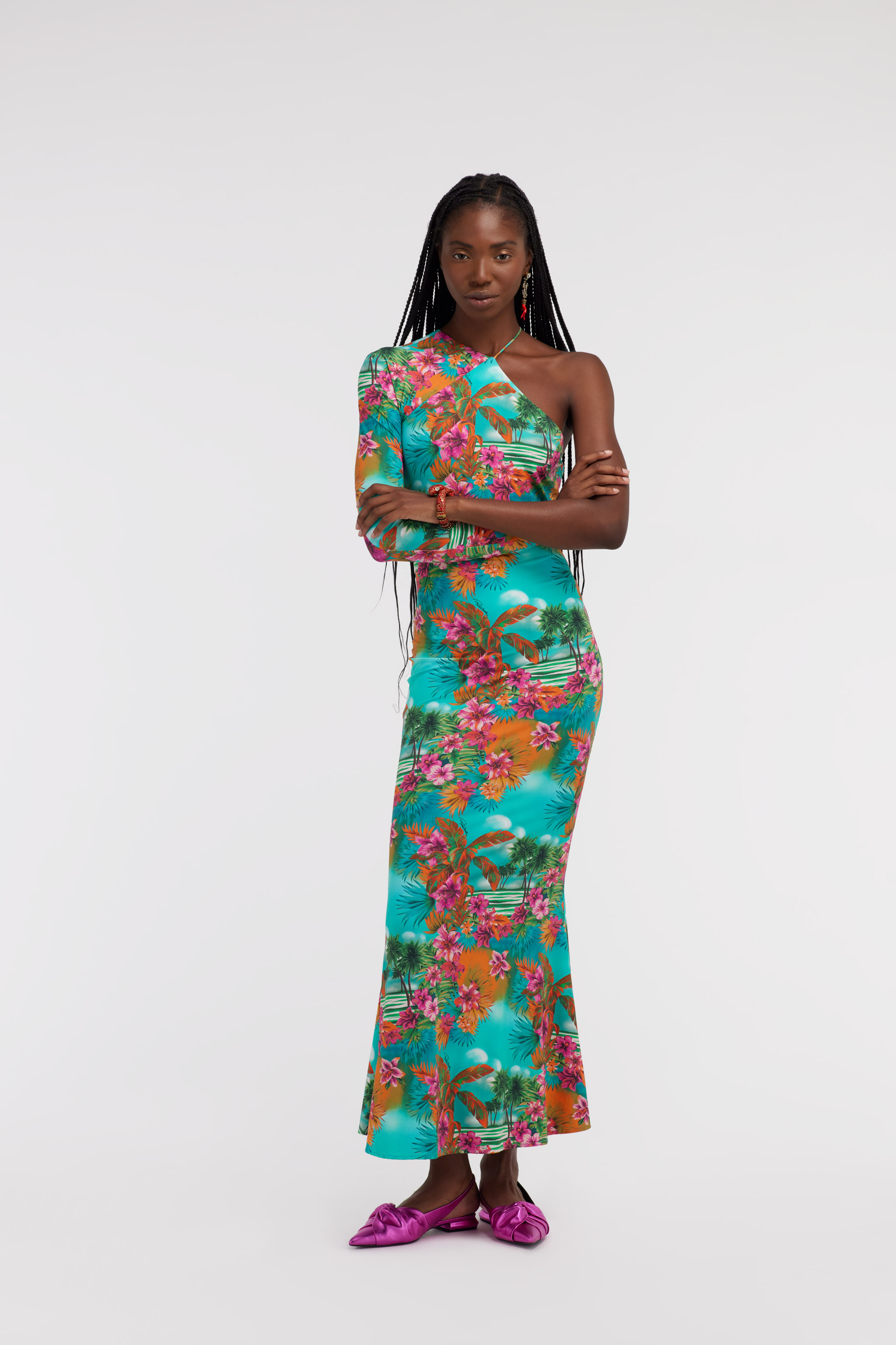 ROBERTO CAVALLI ONE-SHOULDER LONG DRESS WITH JUNGLE PRINT