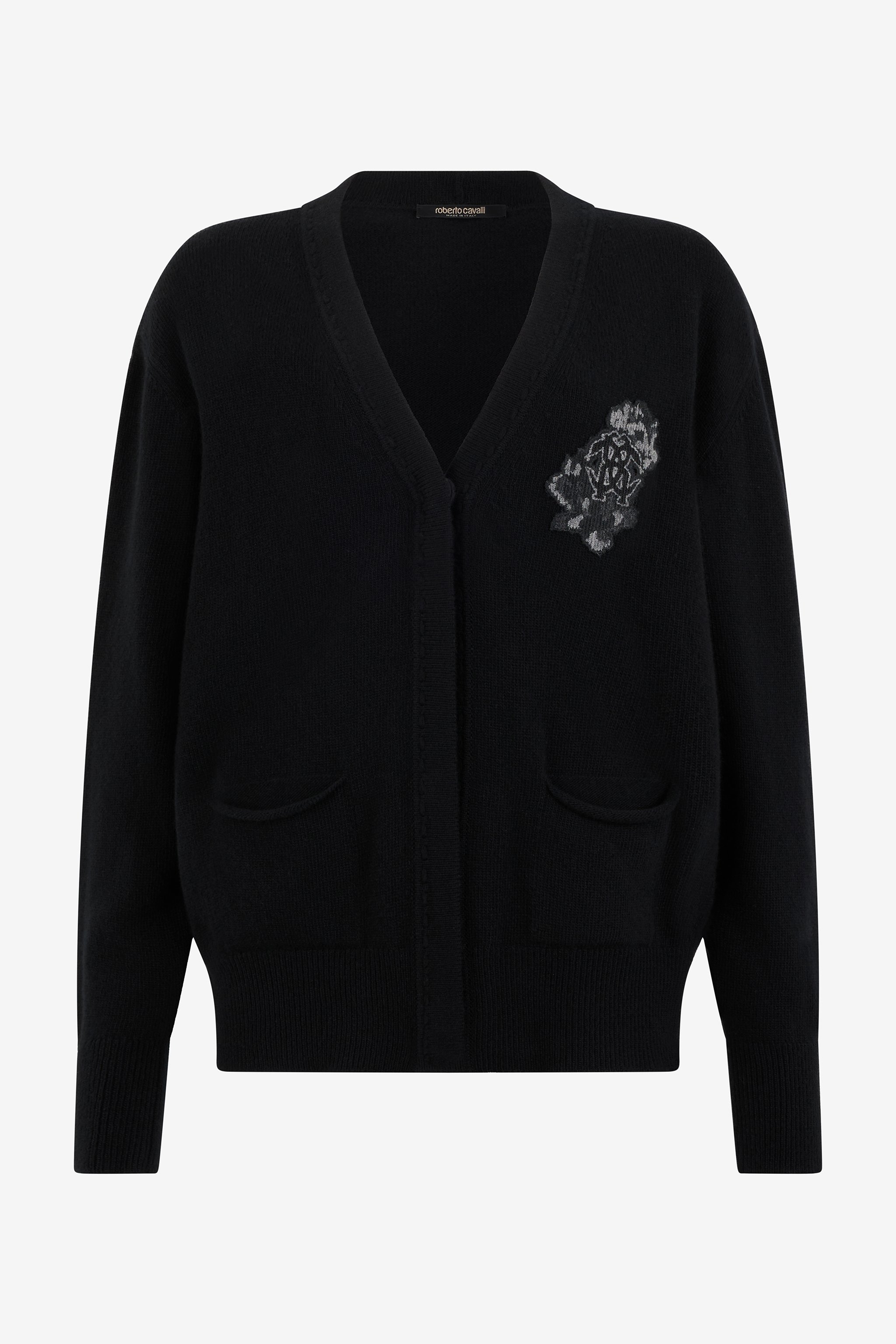 Roberto Cavalli Black Cardigan With Monogram Mirror Snake In Black