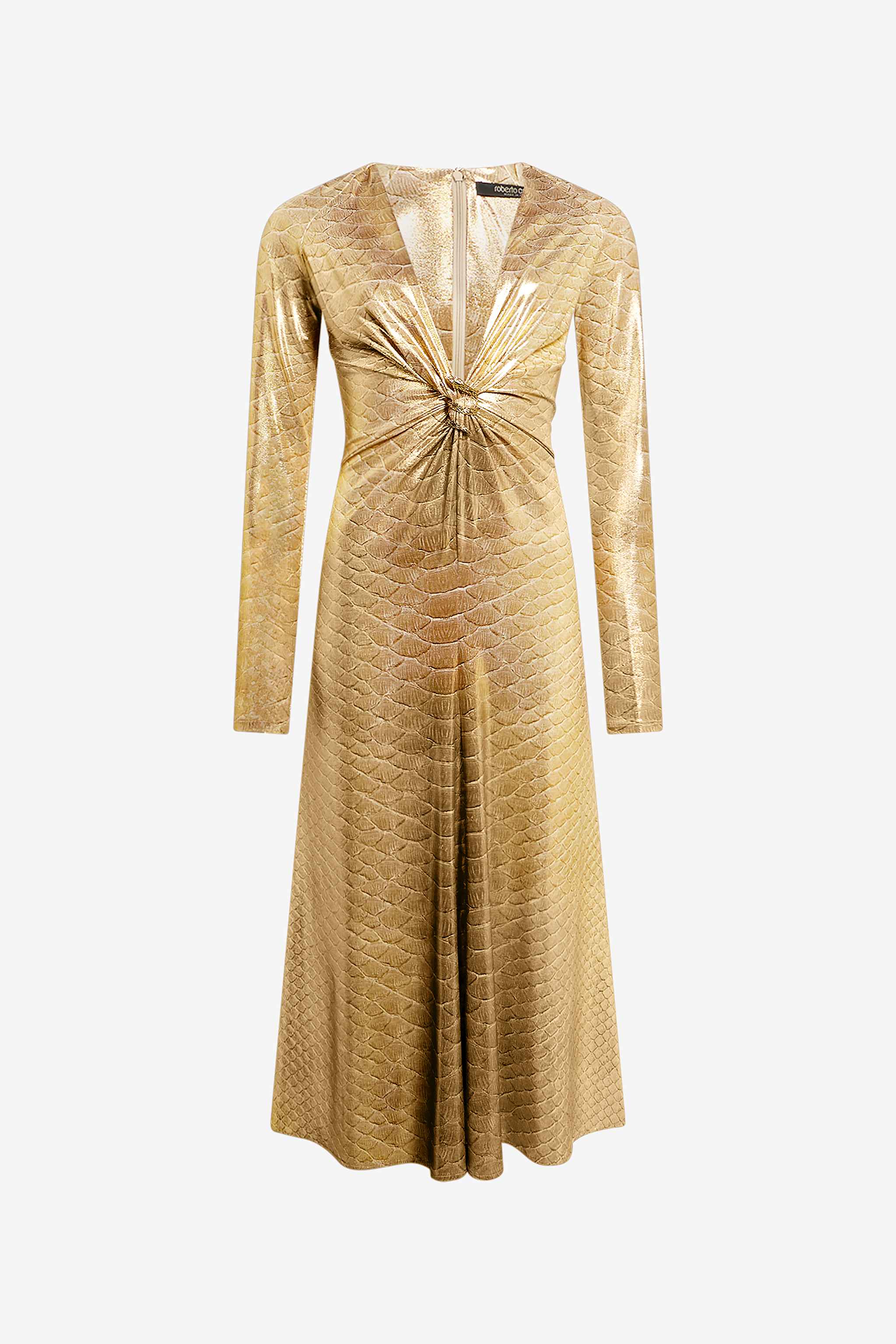 Roberto Cavalli Women's Beige/Gold Midi Dress With Serpentine Print - Midi Dresses