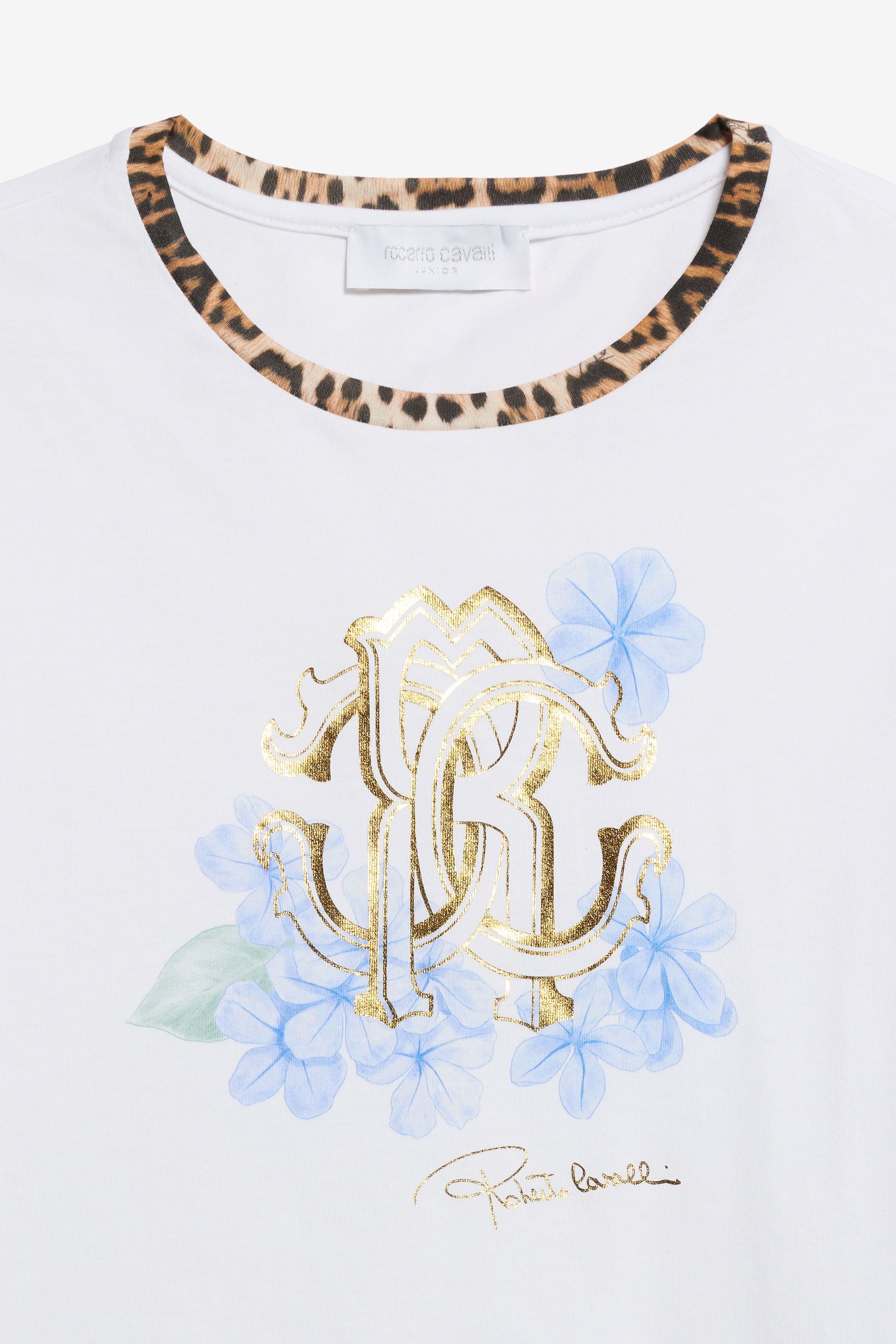  Roberto Cavalli T-shirt With Rc Floral Logo And Leopard Detail - Girl Ready To Wear Optical White 08a 