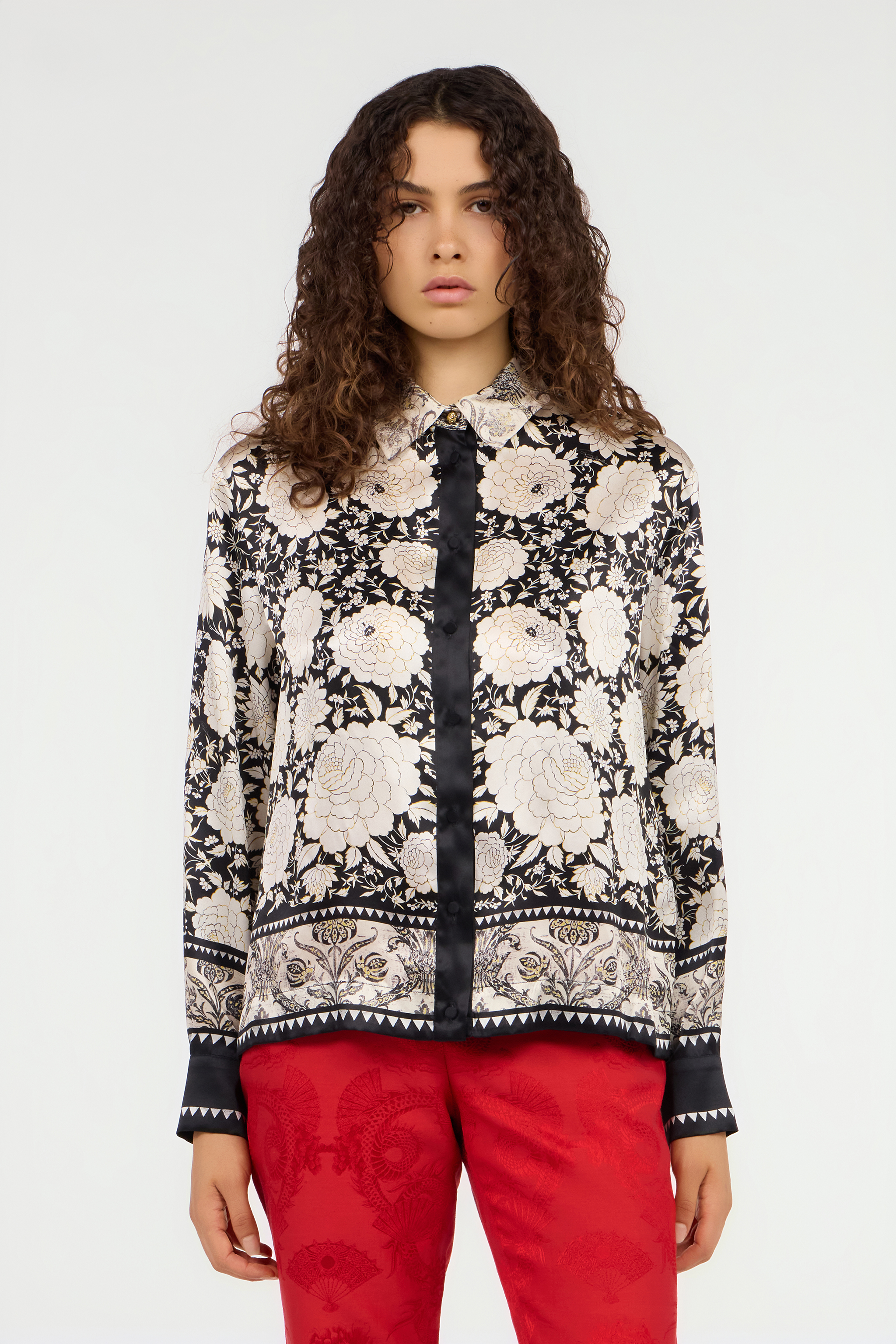 Roberto Cavalli Black And Ivory Floral Print Shirt In Multi