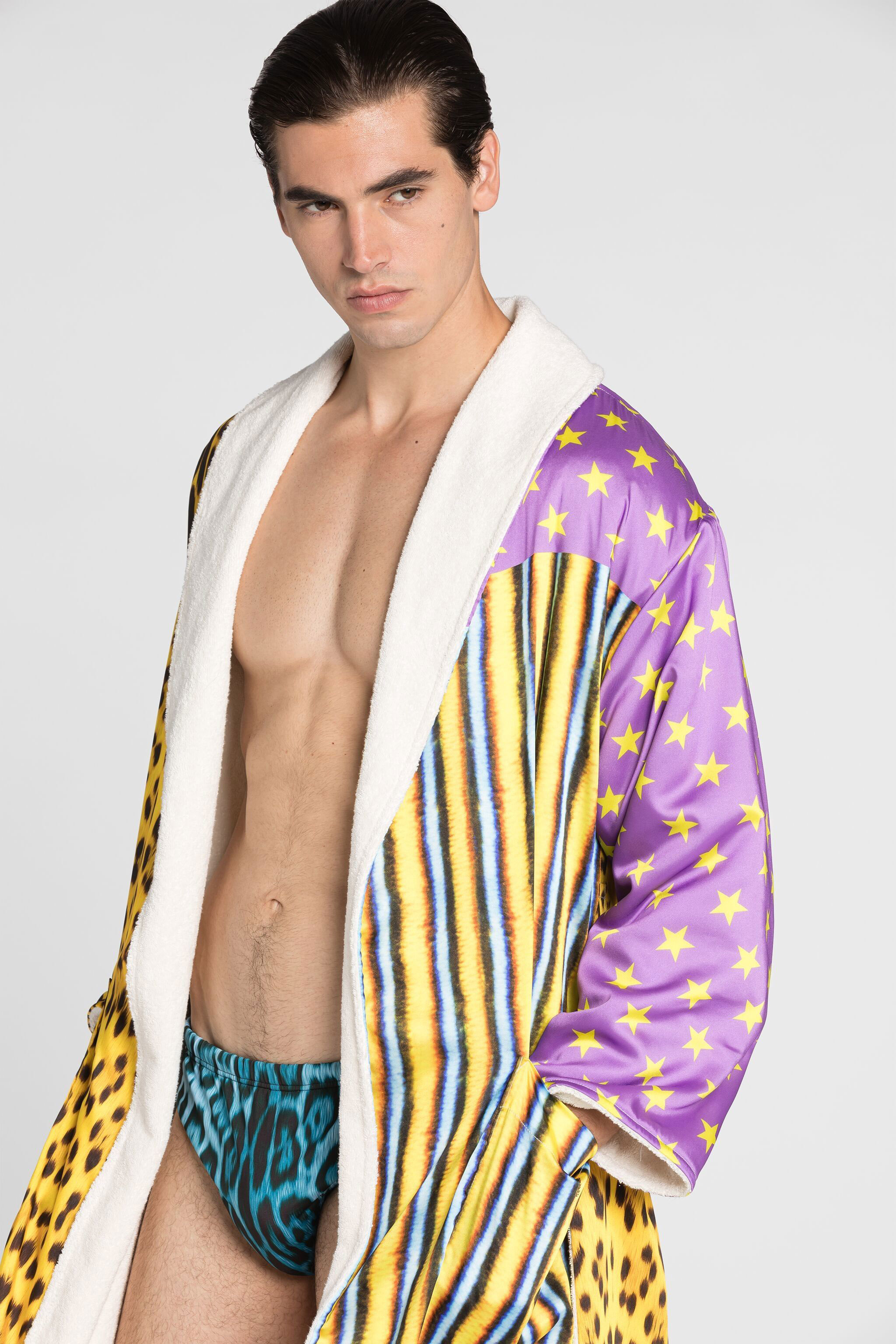 Roberto Cavalli Patchwork Leopard-print Robe In Yellow
