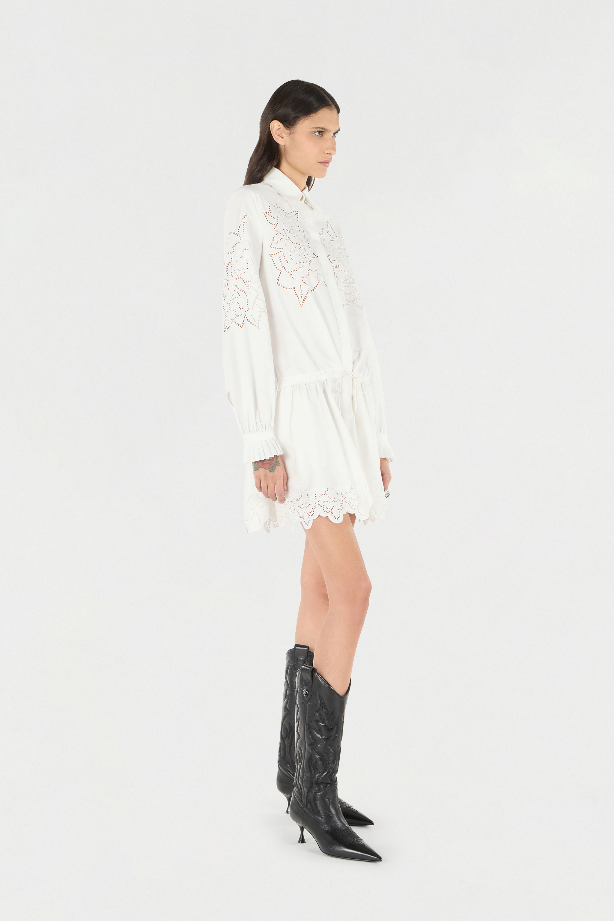 Roberto Cavalli Mini Shirt Dress With Perforated Roses In White
