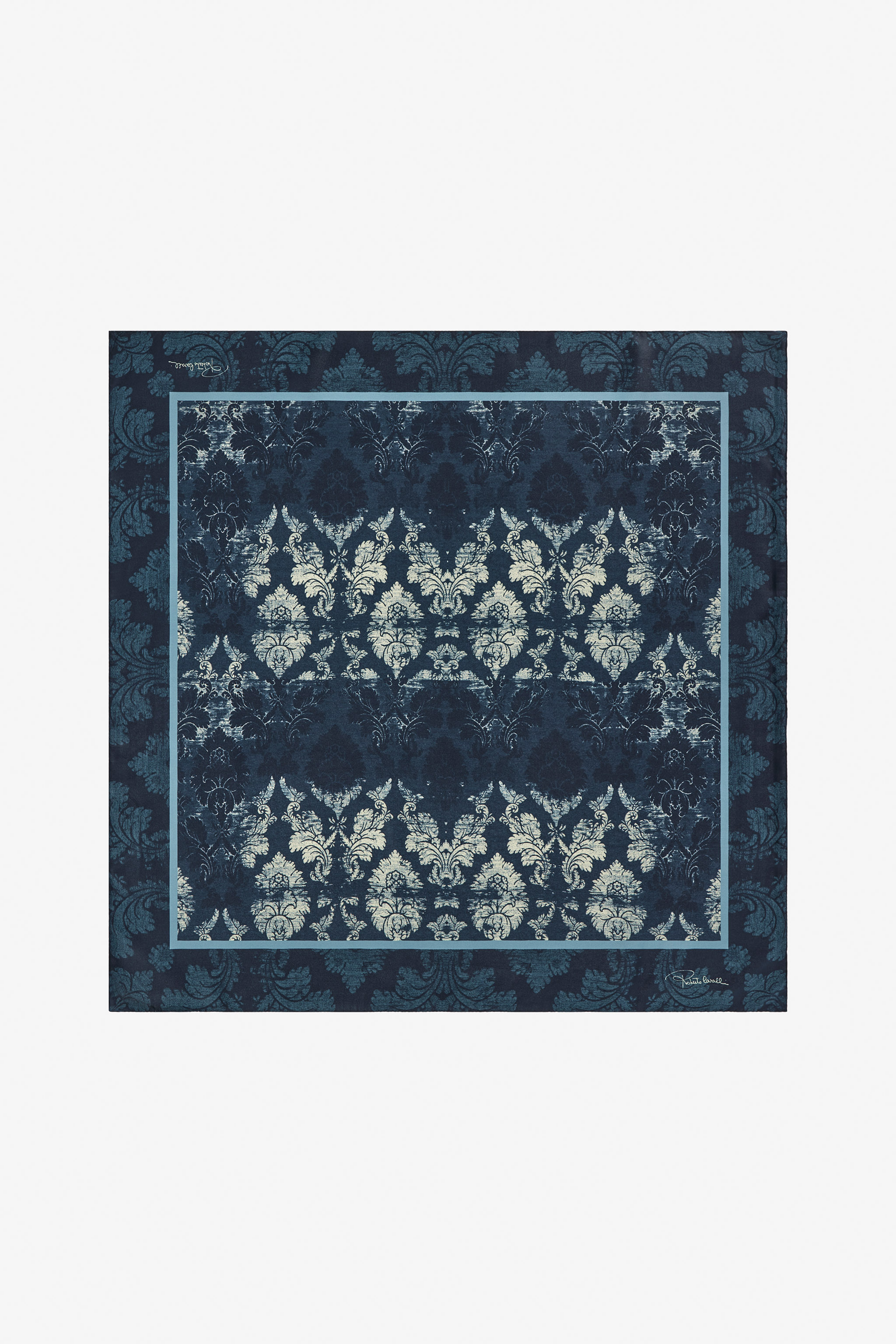 Roberto Cavalli Silk Scarf With Brocade Print In Dark Blue