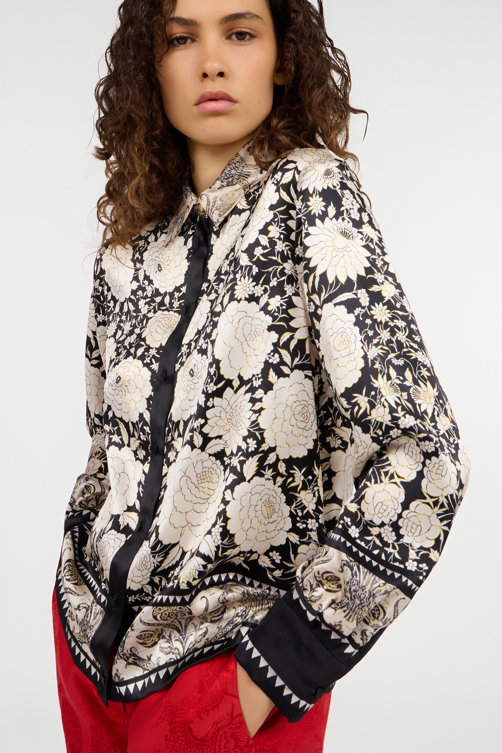 Roberto Cavalli Black And Ivory Floral Print Shirt In Multi