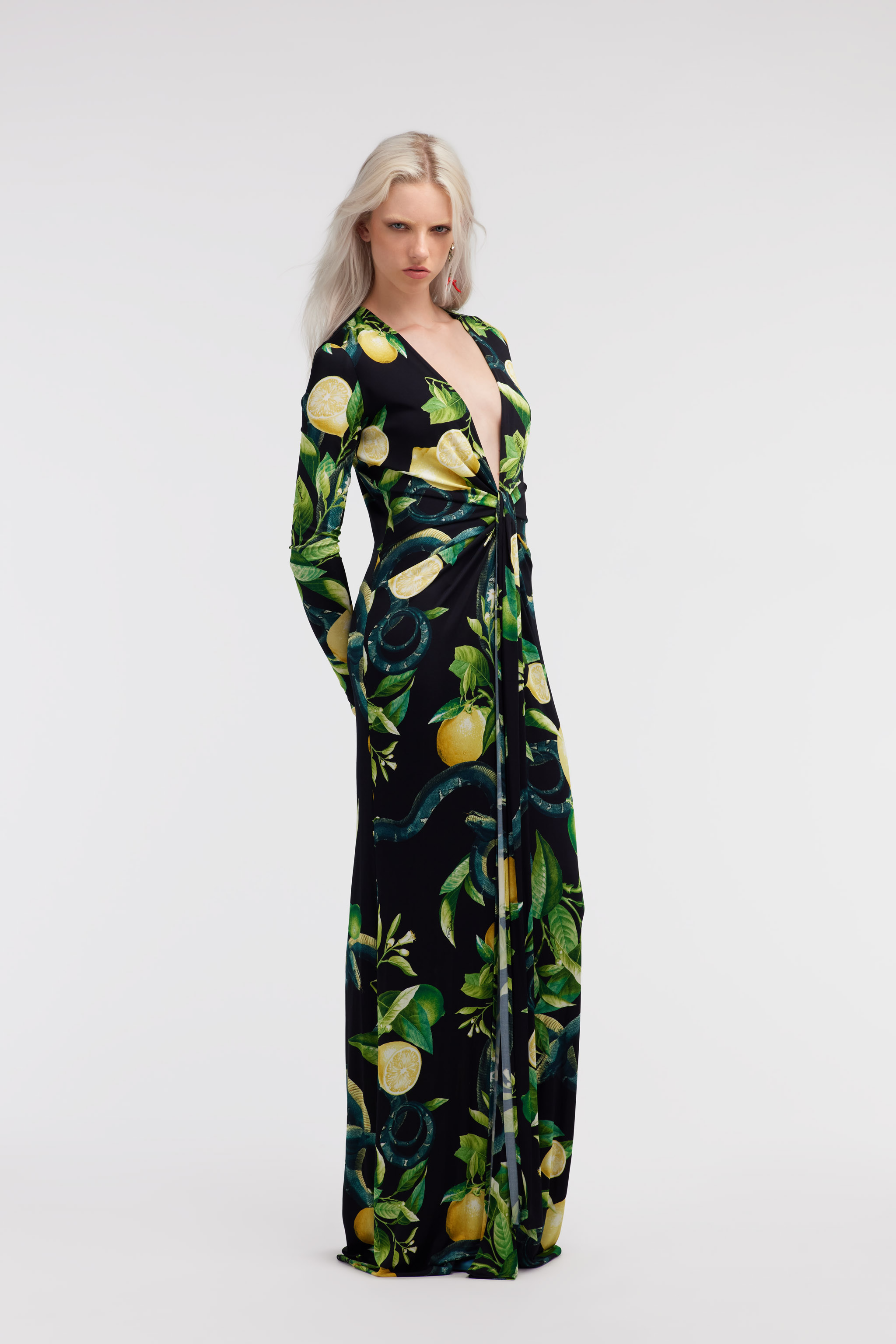 Roberto Cavalli Printed Viscose Jersey Draped Maxi Dress In Black