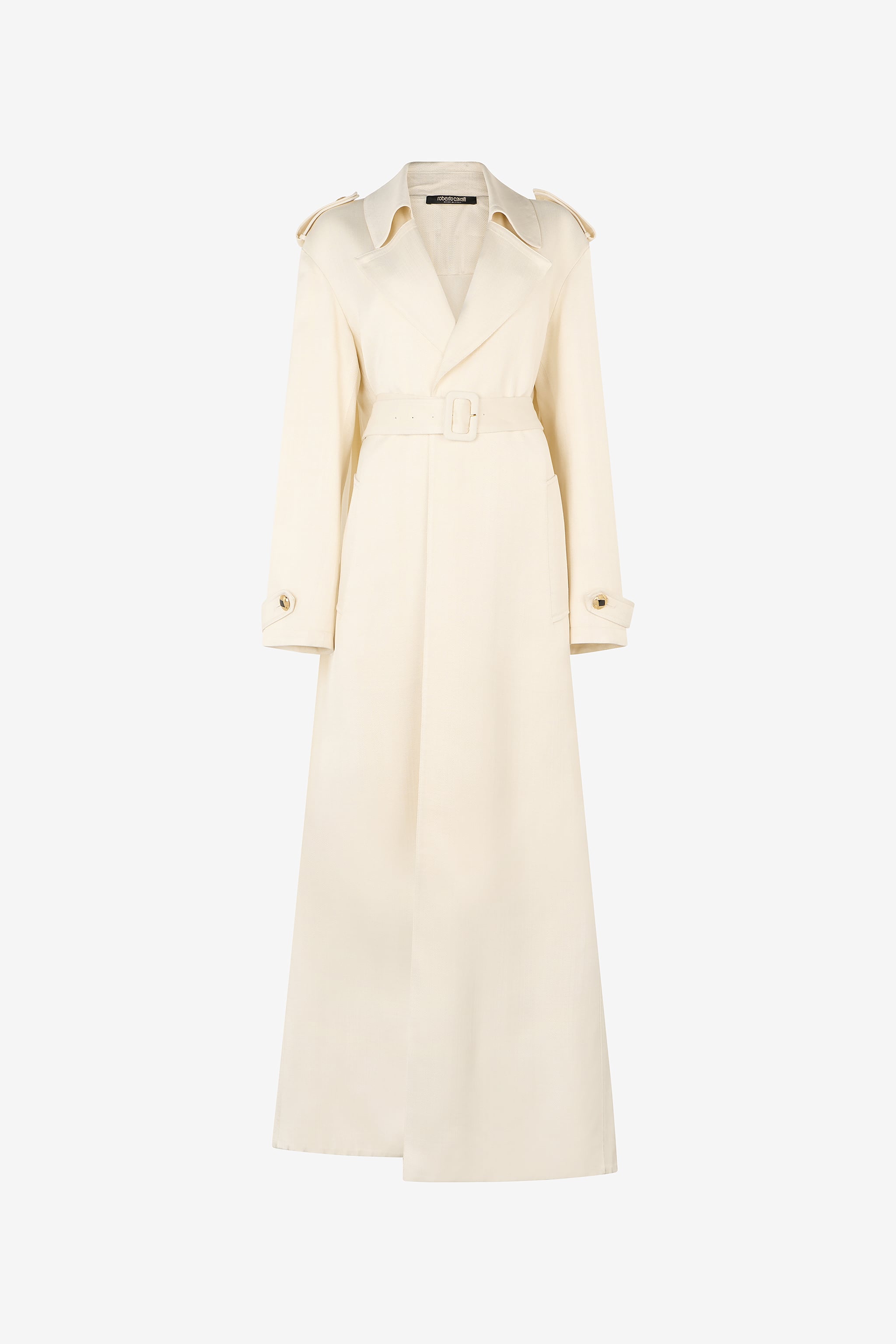 Roberto Cavalli Extra-Long Ivory Trench Coat with Pleated Detailing