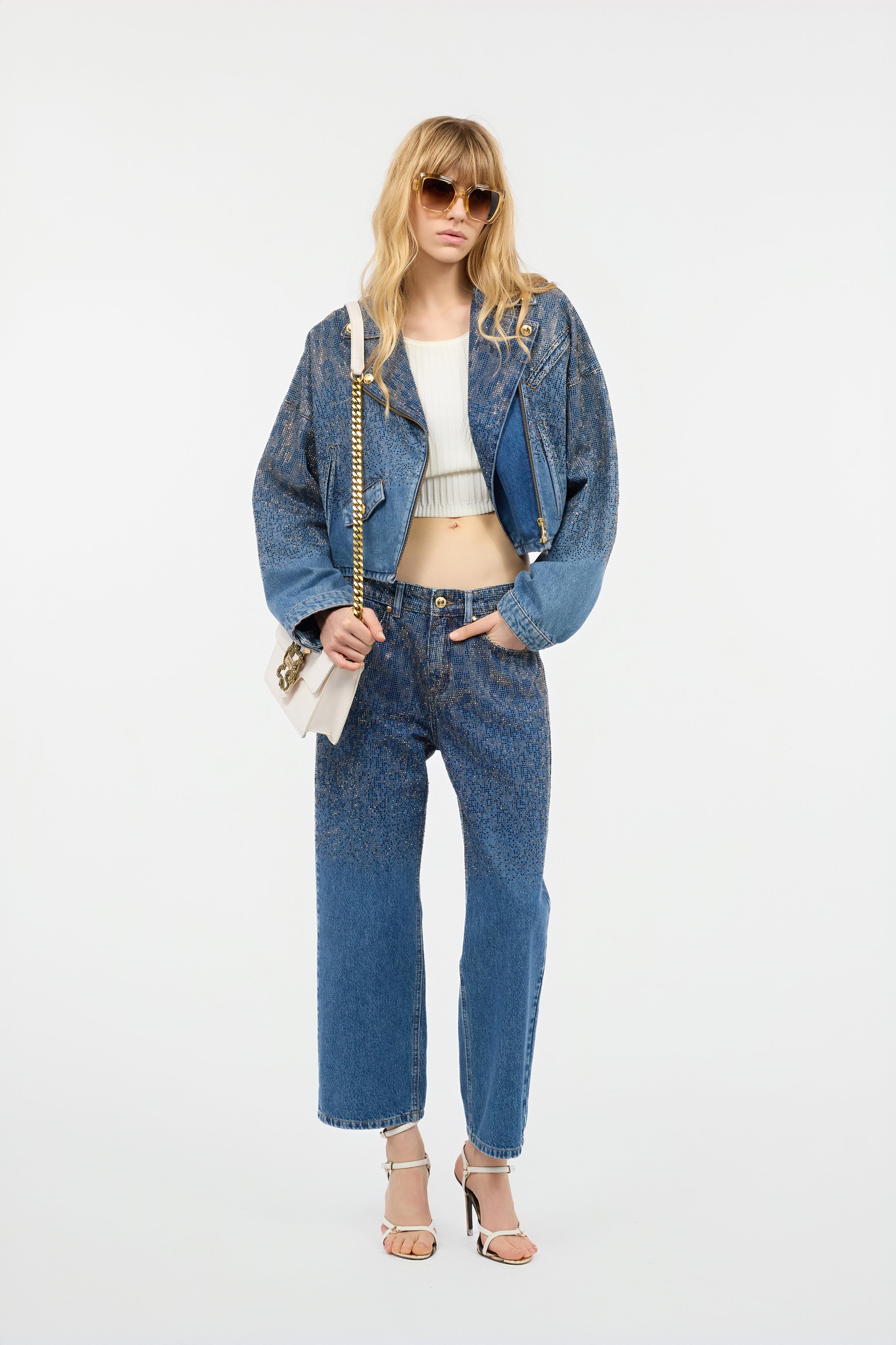 Cropped Denim Jacket With Rhinestones