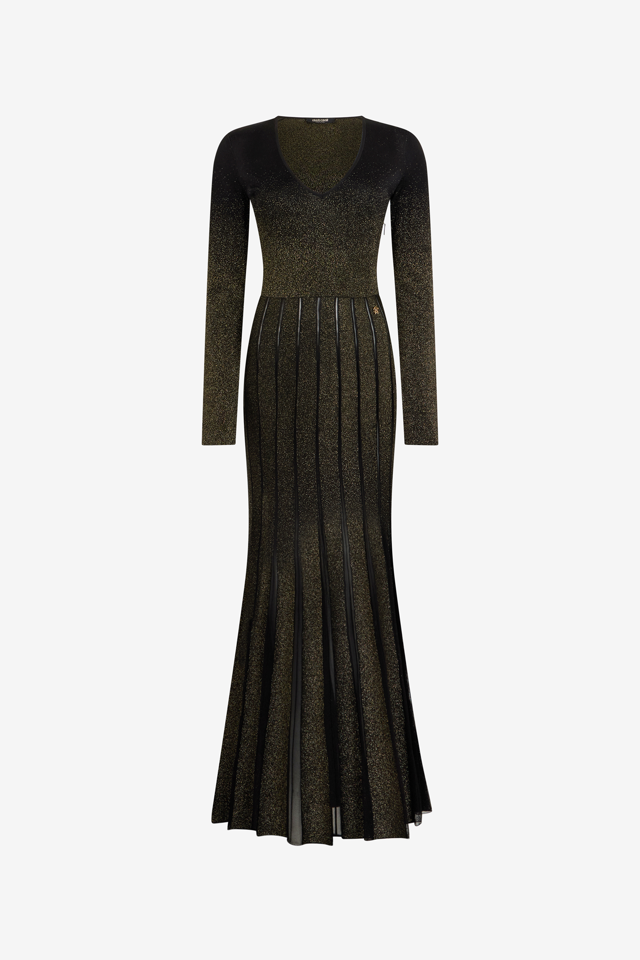Roberto Cavalli Long Dress In Black And Gold With Pleated Skirt In Brown
