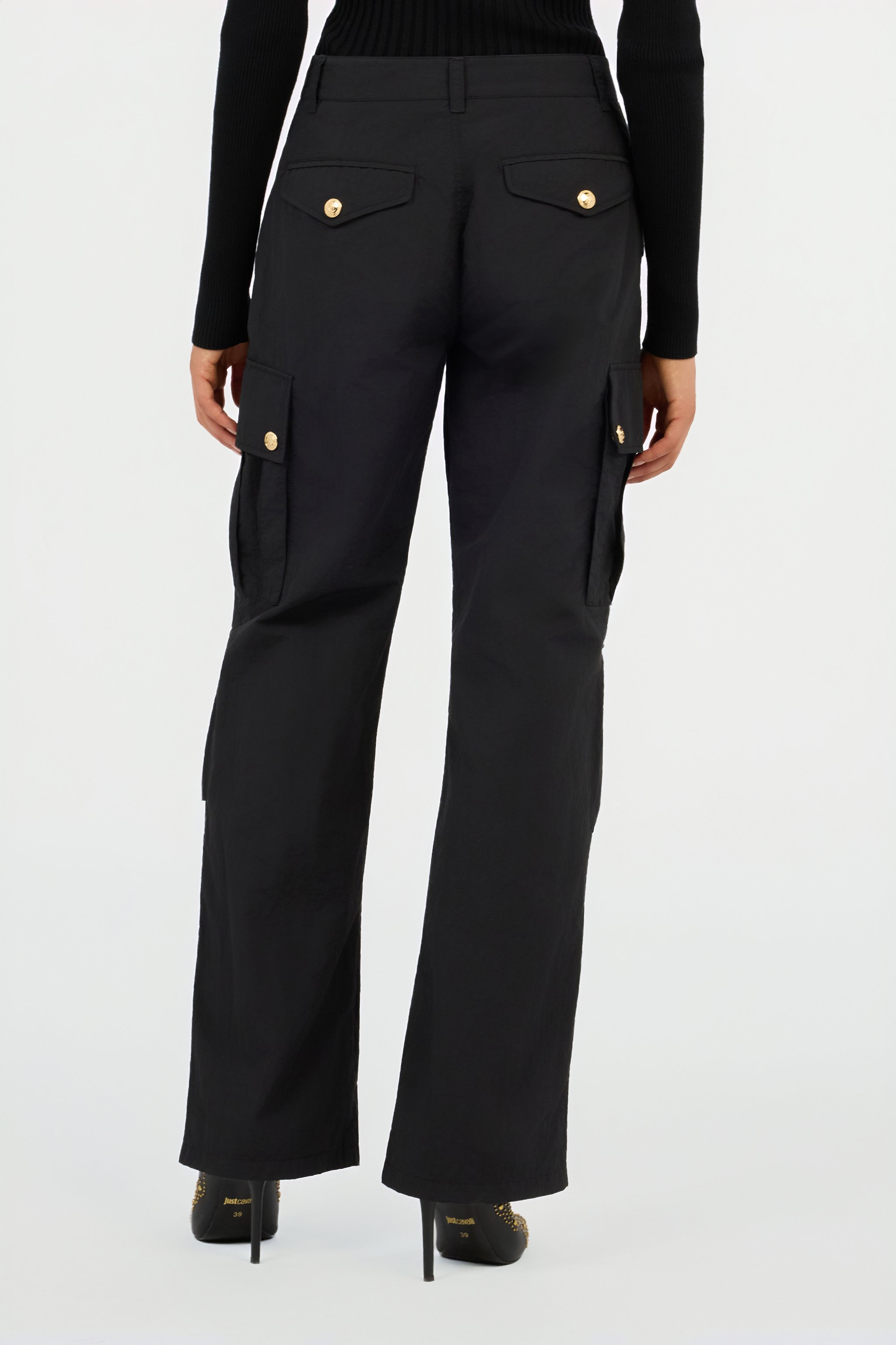 Roberto Cavalli Black Cargo Trousers With Gold Buttons In Black